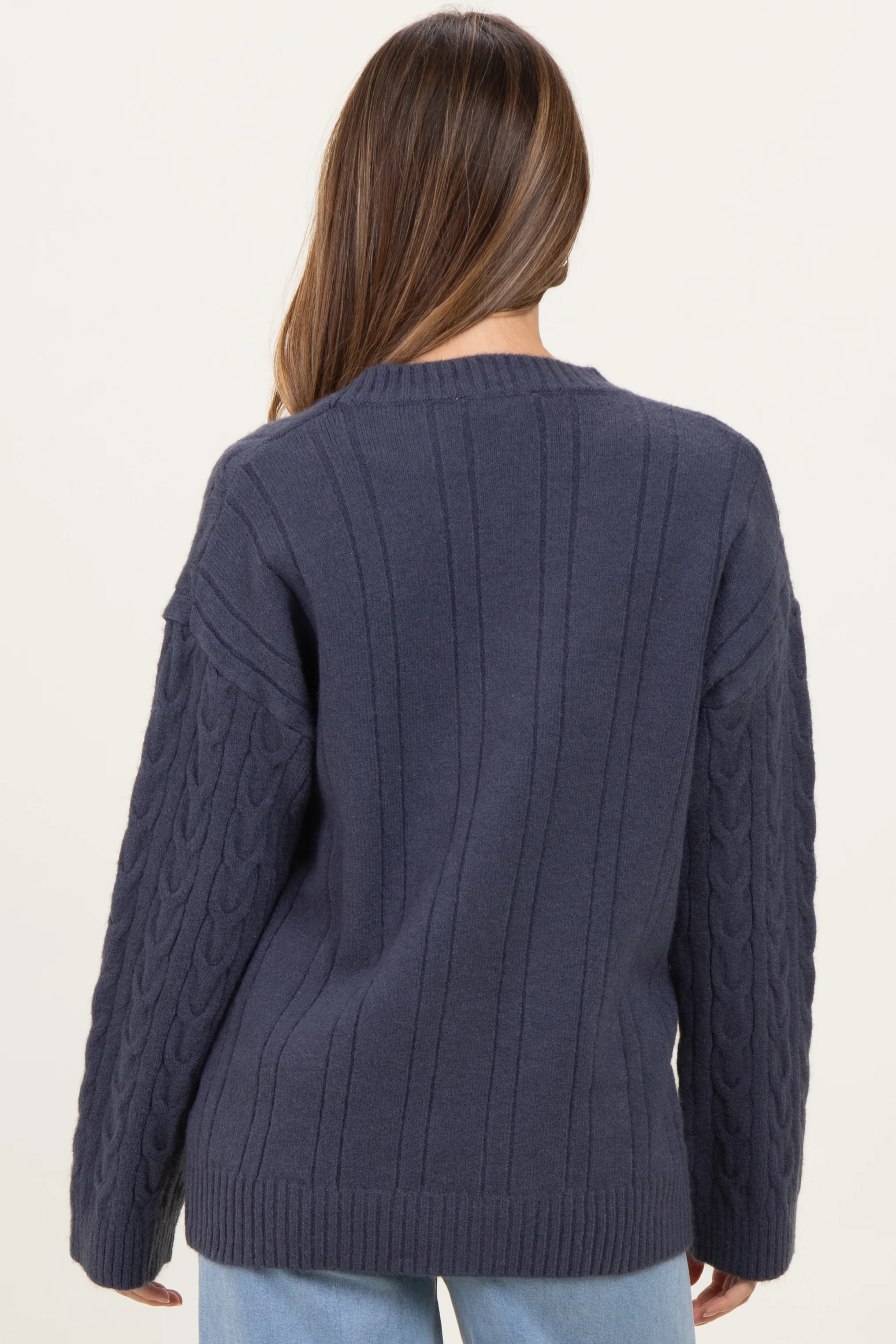 Navy Braid Knit Pattern Soft Fluffy Maternity Sweater Top - Image 4