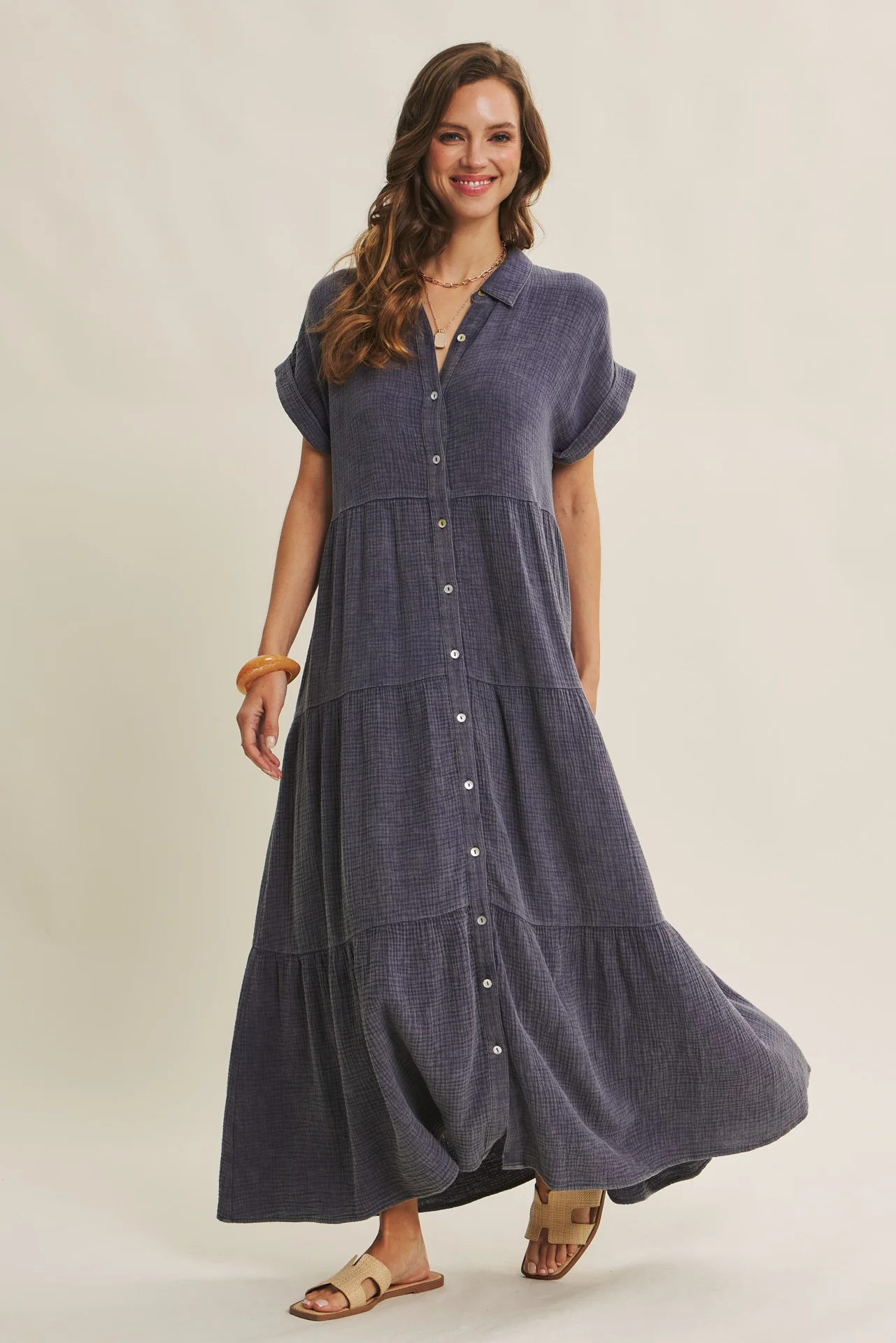 Navy Breezy Mineral-Washed Gauze Maxi Shirt Dress - Image 3