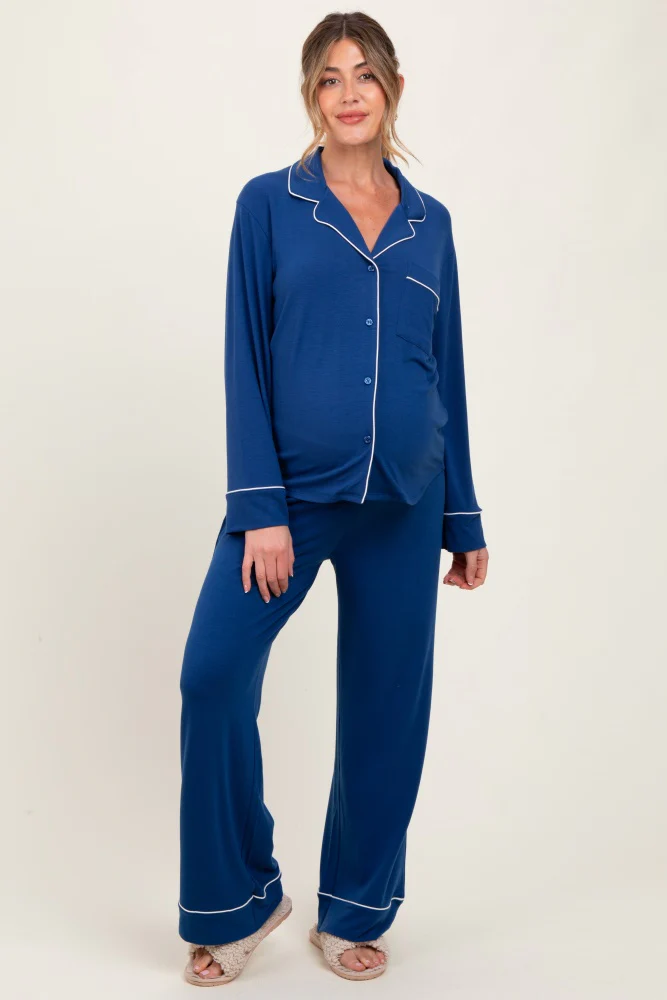 Navy Button Down Top Wide Leg Pant Maternity Pajama Set - Image 2