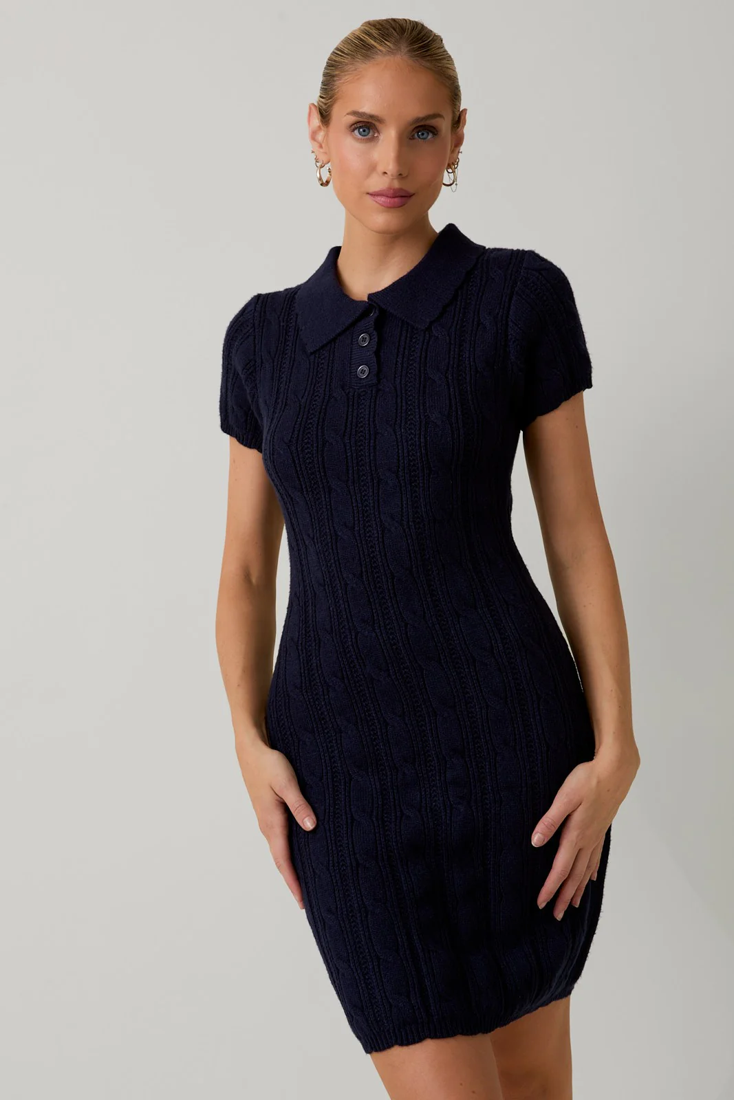 Navy Cable Knit Maternity Polo Sweater Dress - Image 5
