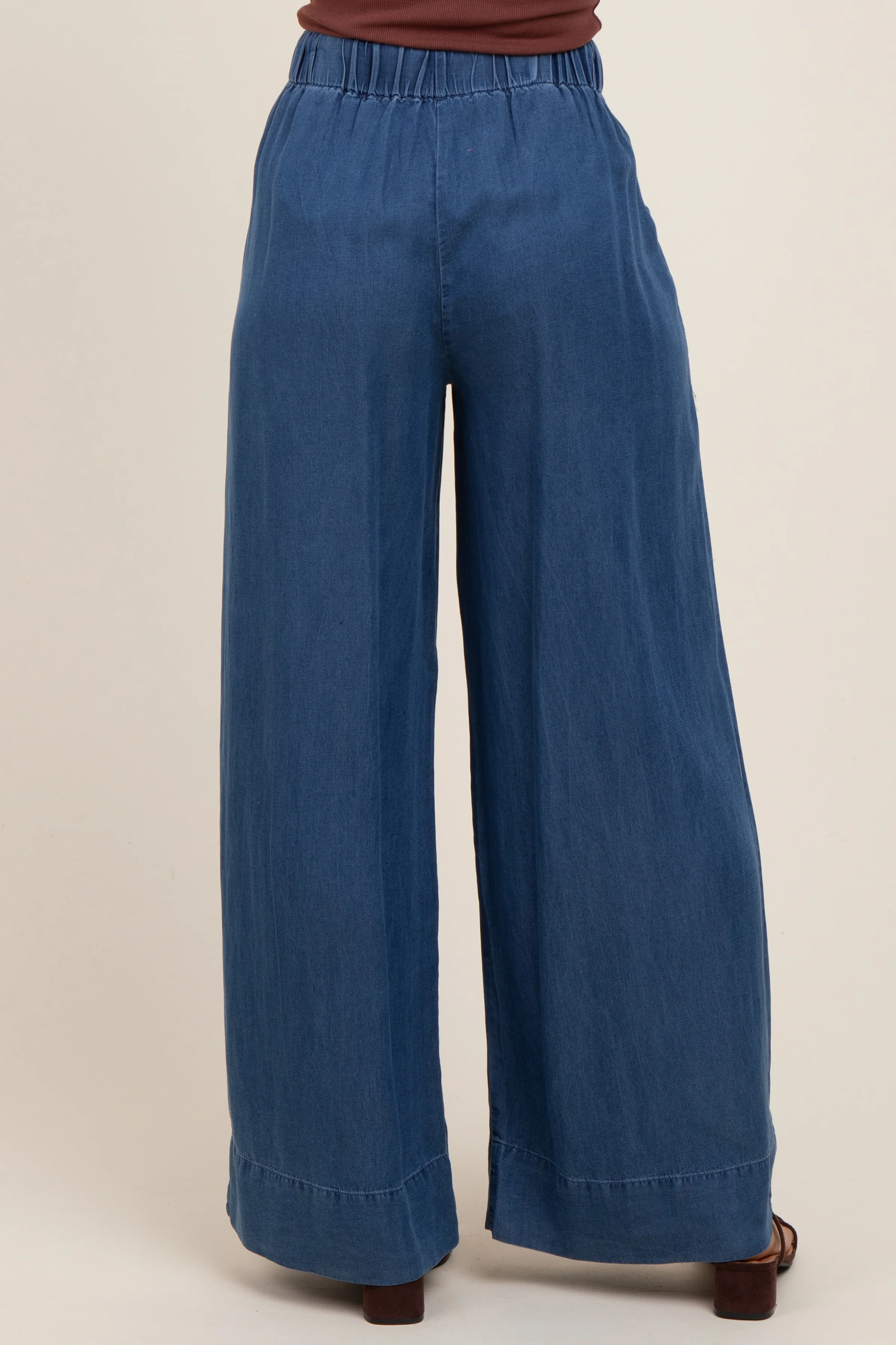 Navy Chambray Drawstring Wide Leg Pants - Image 3