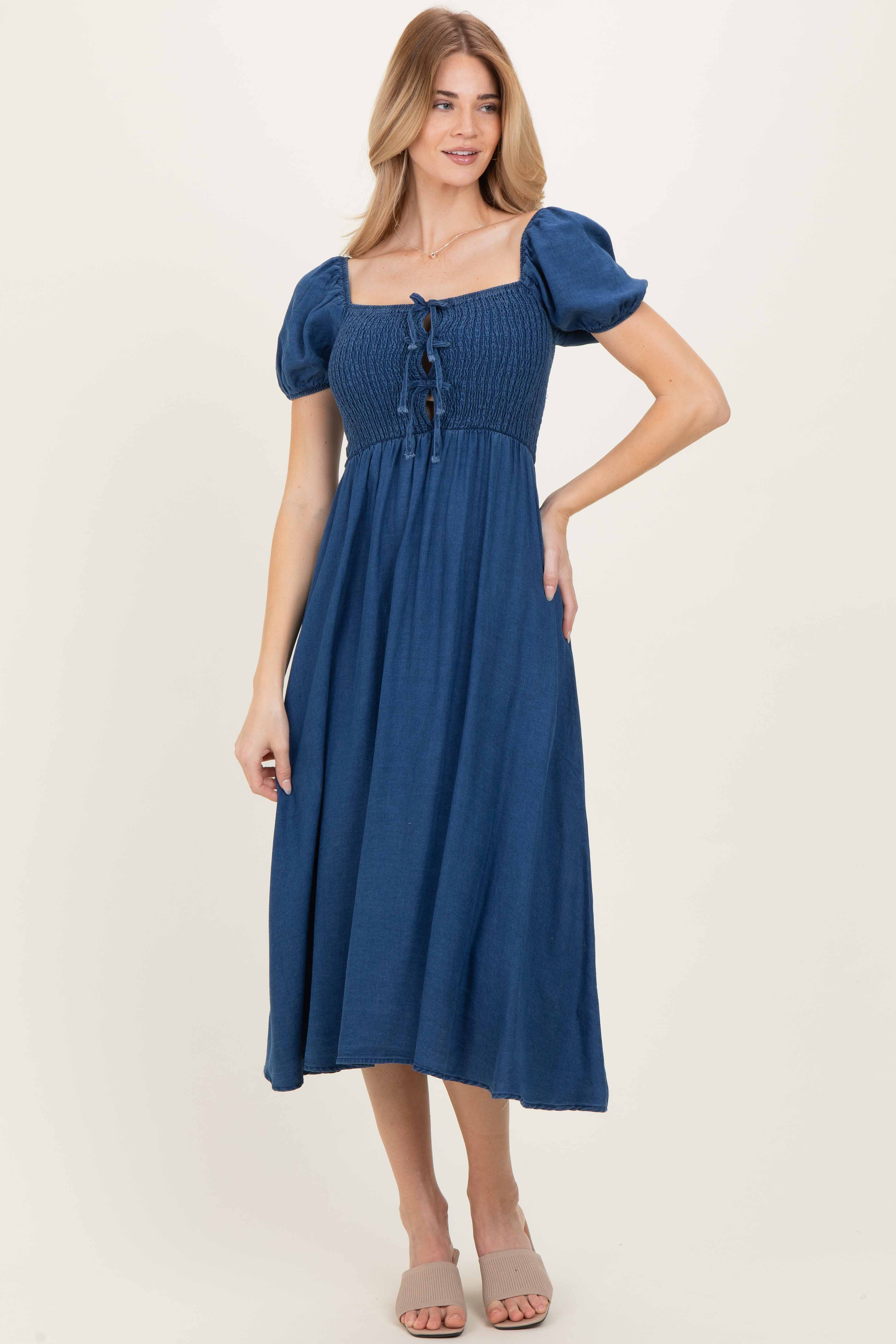 Navy Chambray Smocked Front Tie Maternity Midi Dress - Image 6