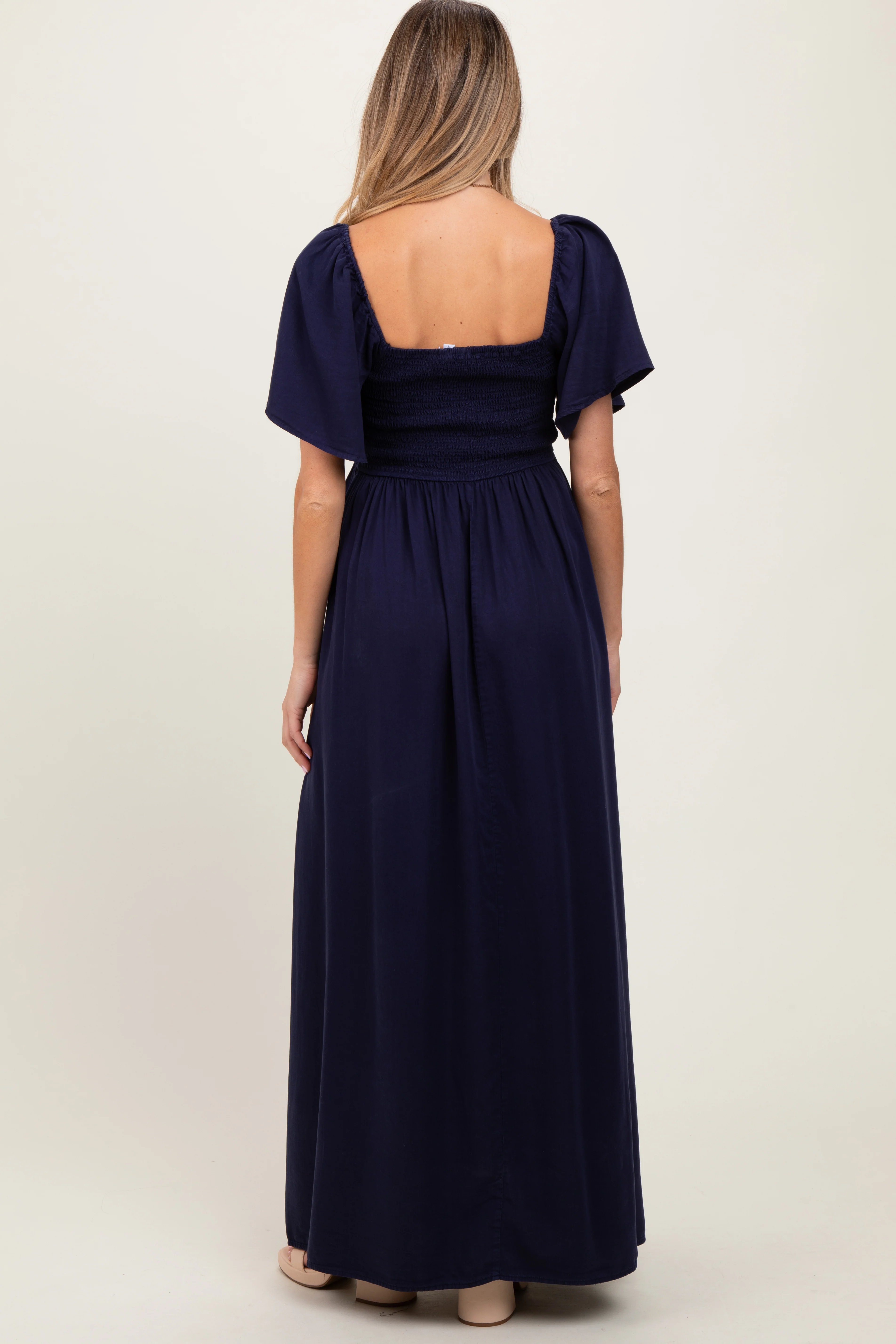 Navy Chambray Smocked Maternity Maxi Dress - Image 4
