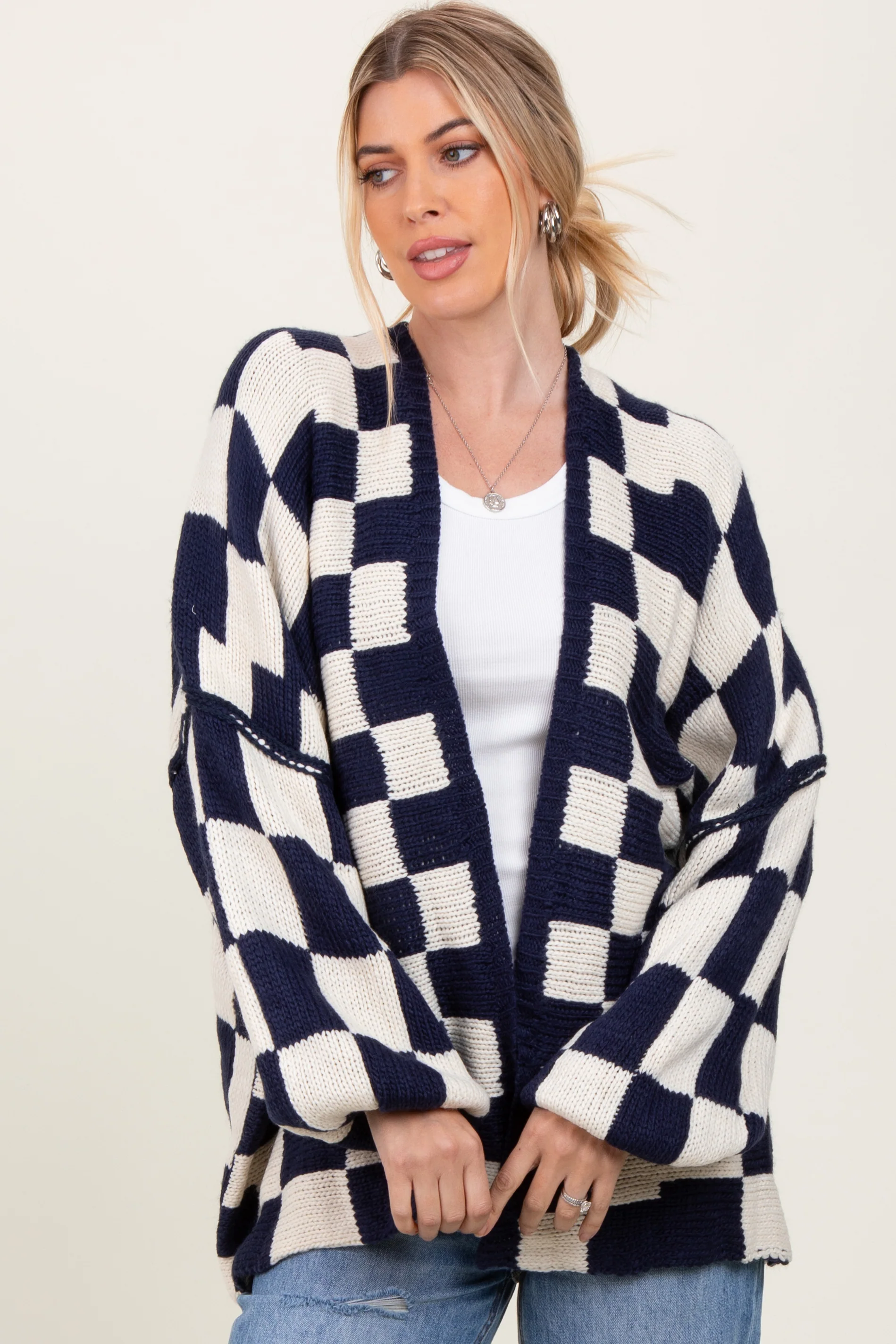 Navy Checkered Oversized Maternity Cardigan - Image 5