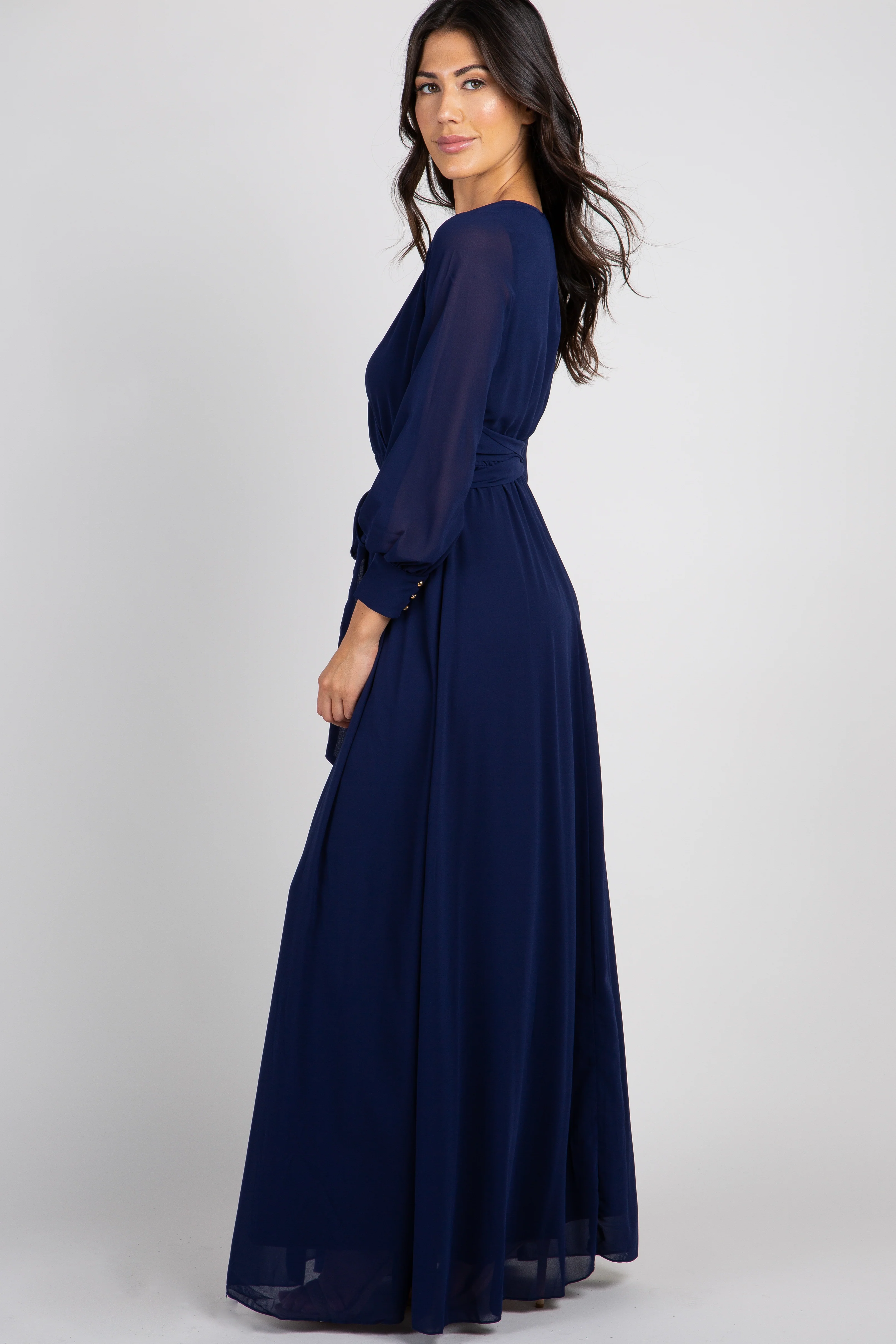 Navy Chiffon Long Sleeve Pleated Maxi Dress - Image 2