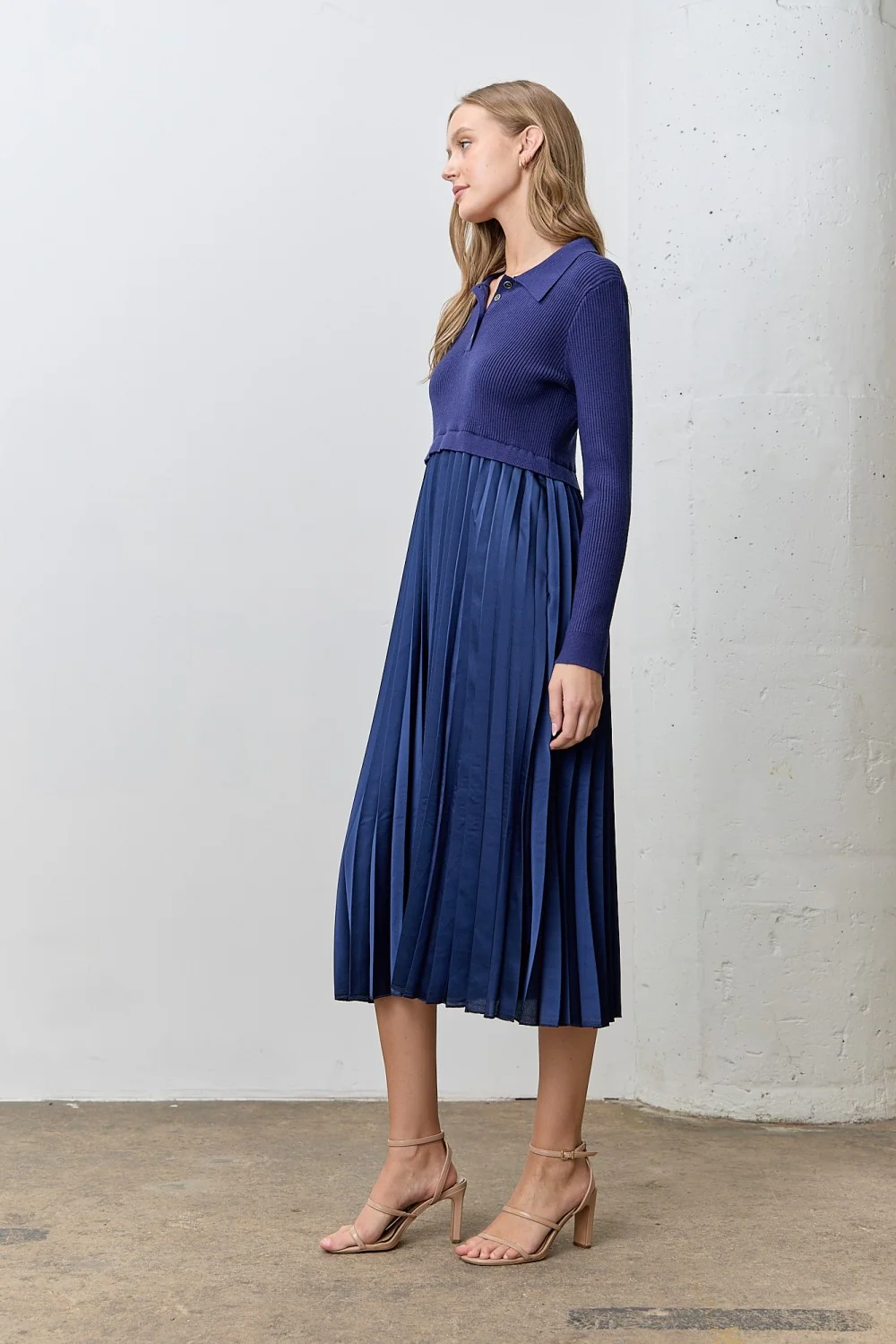 Navy Collared Knit Contrast Pleated Skirt Midi Dress - Image 2