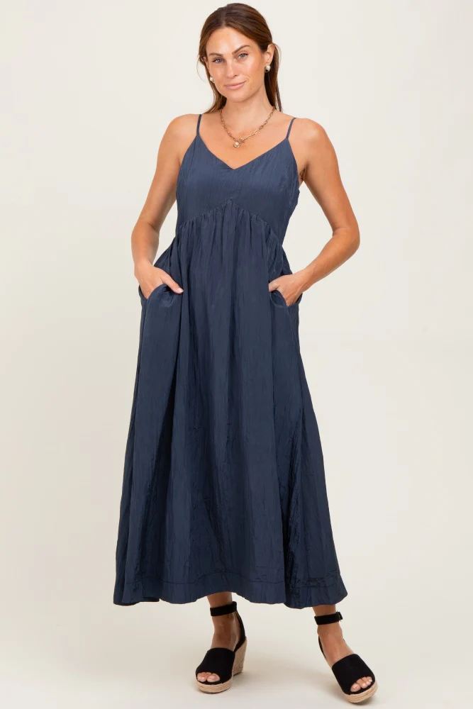 Navy Crinkle Texture V-Neck Sleeveless Dress - Image 2