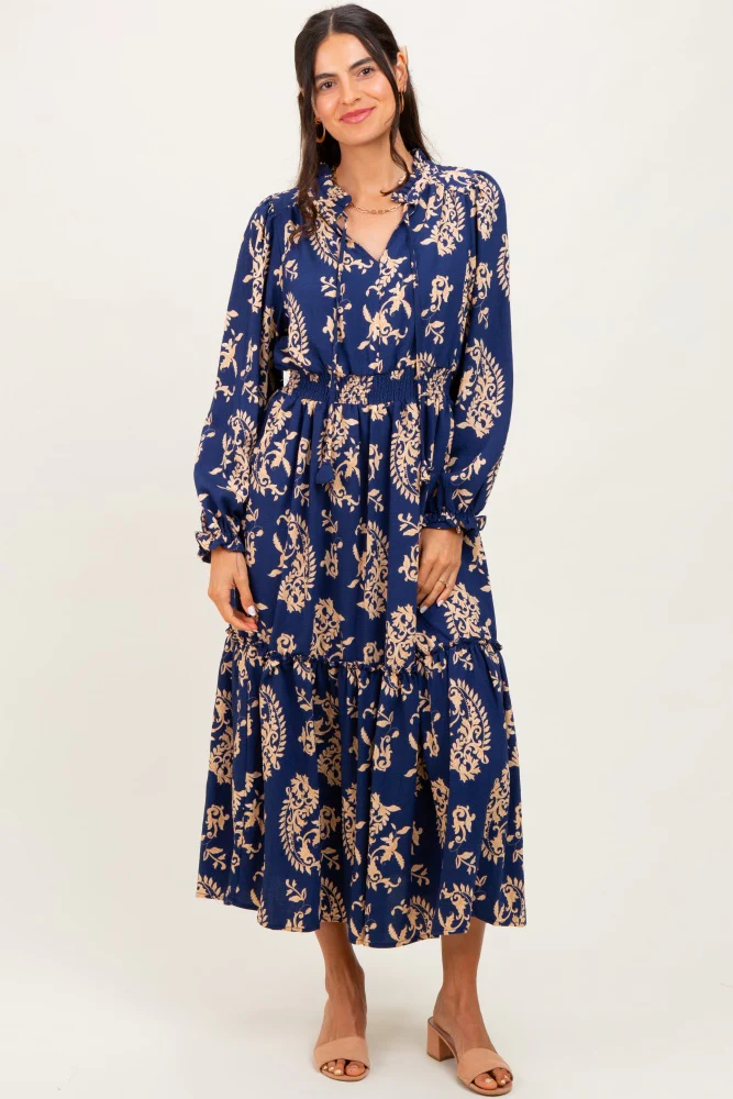 Navy Damask Front Tie Smocked Waist Maternity Midi Dress - Image 4