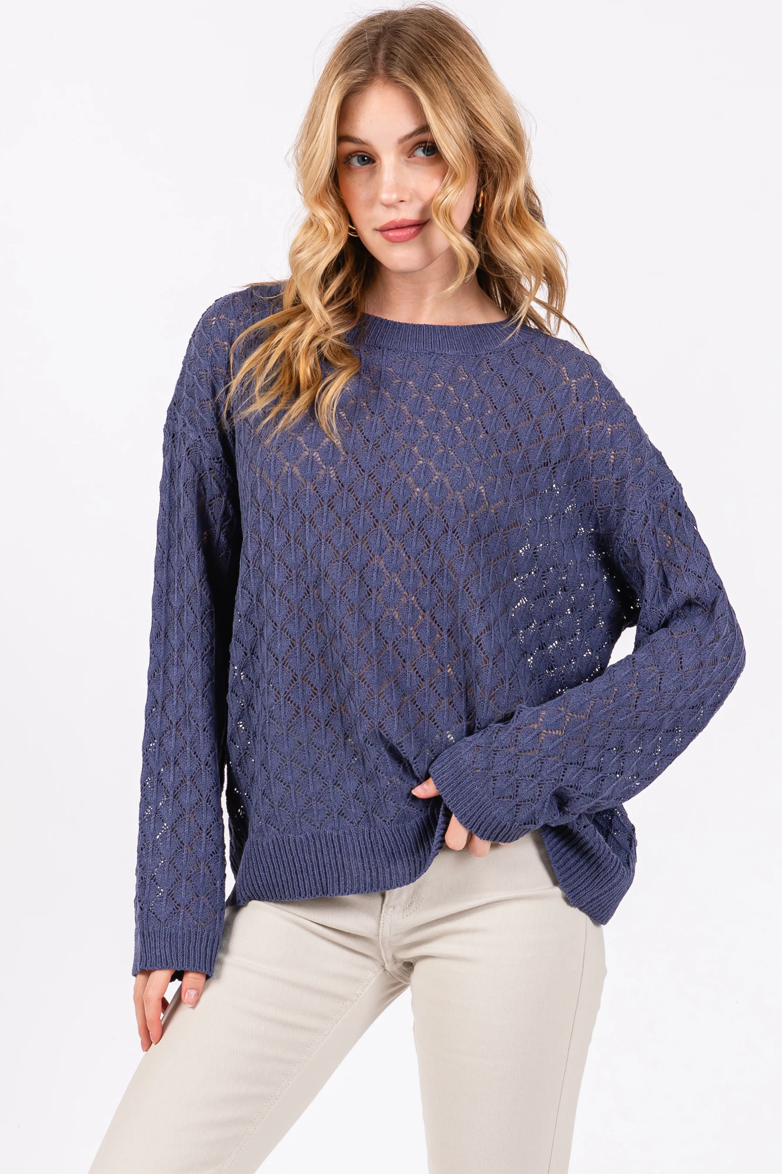 Navy Diamond Open Knit Maternity Top - Image 4