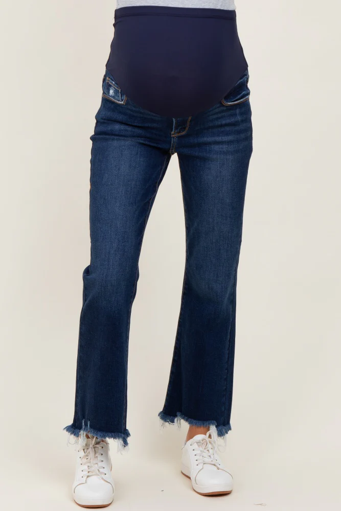 Navy Distressed Hem Cropped Bootcut Maternity Jeans - Image 3
