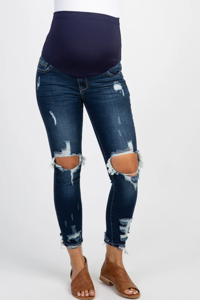Navy Distressed Raw Cut Maternity Skinny Jeans - Image 2