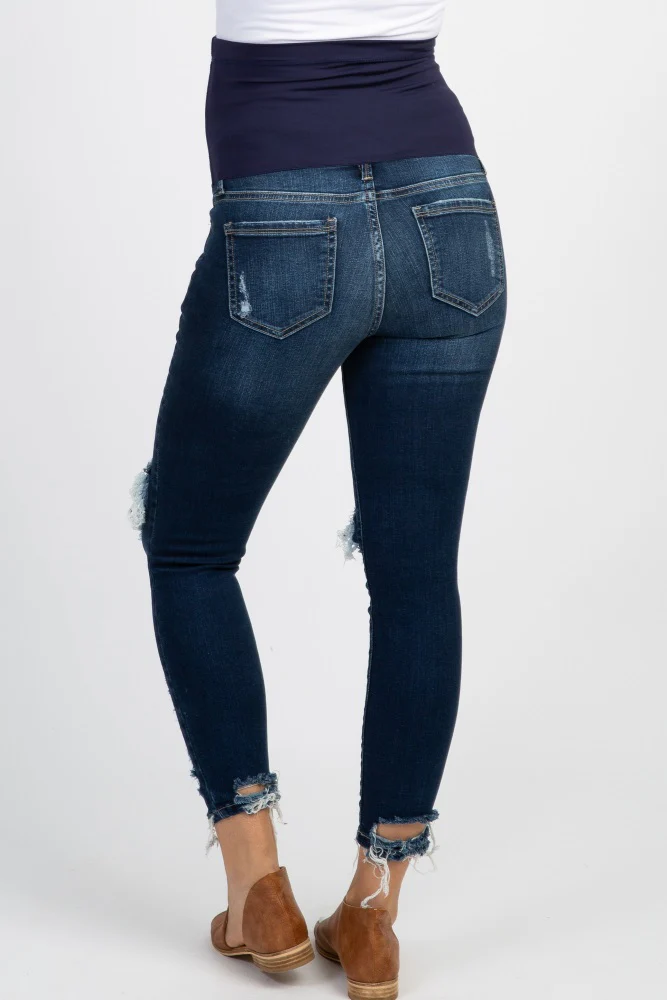 Navy Distressed Raw Cut Maternity Skinny Jeans - Image 4
