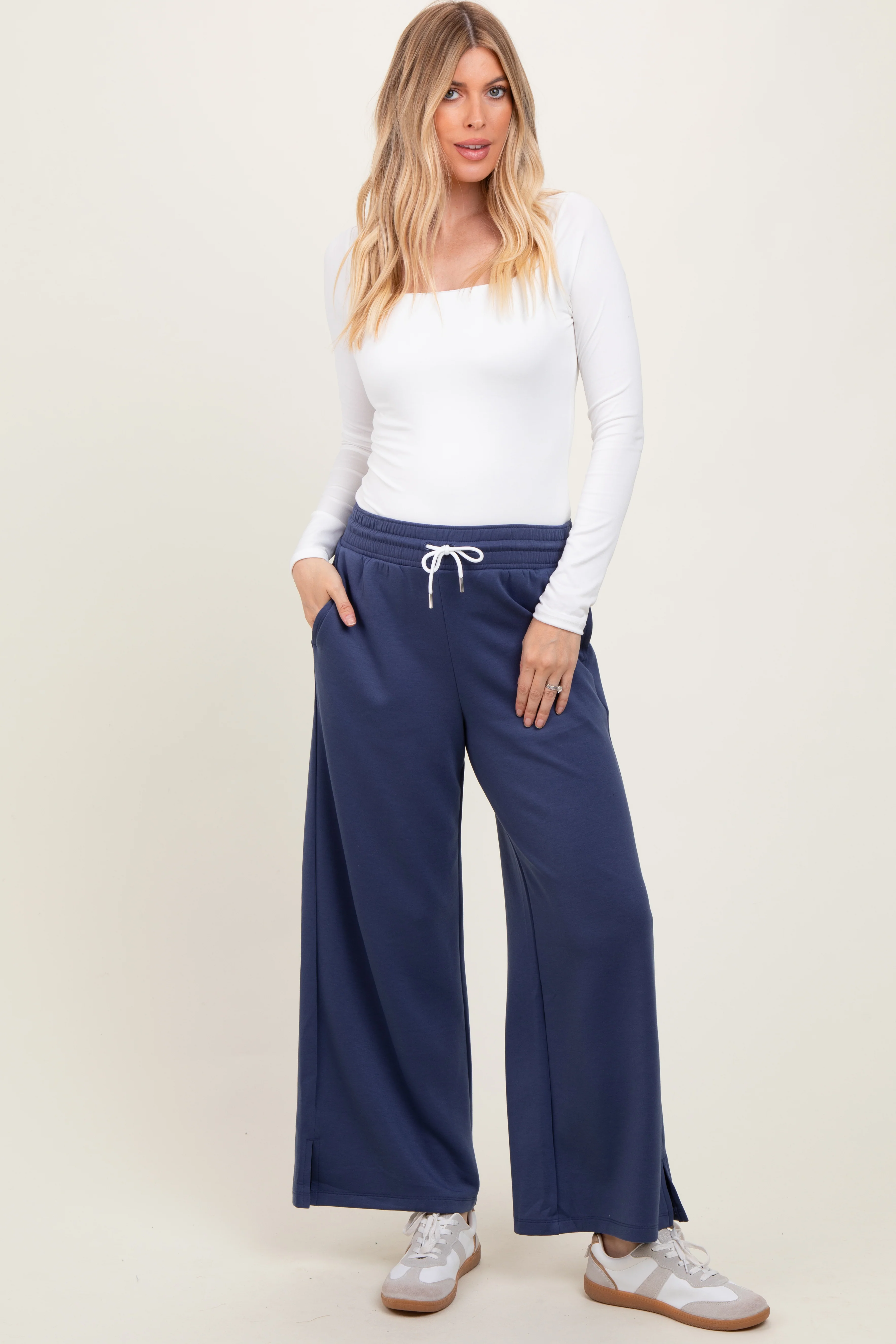 Navy Drawstring Maternity Lounge Pants - Image 6
