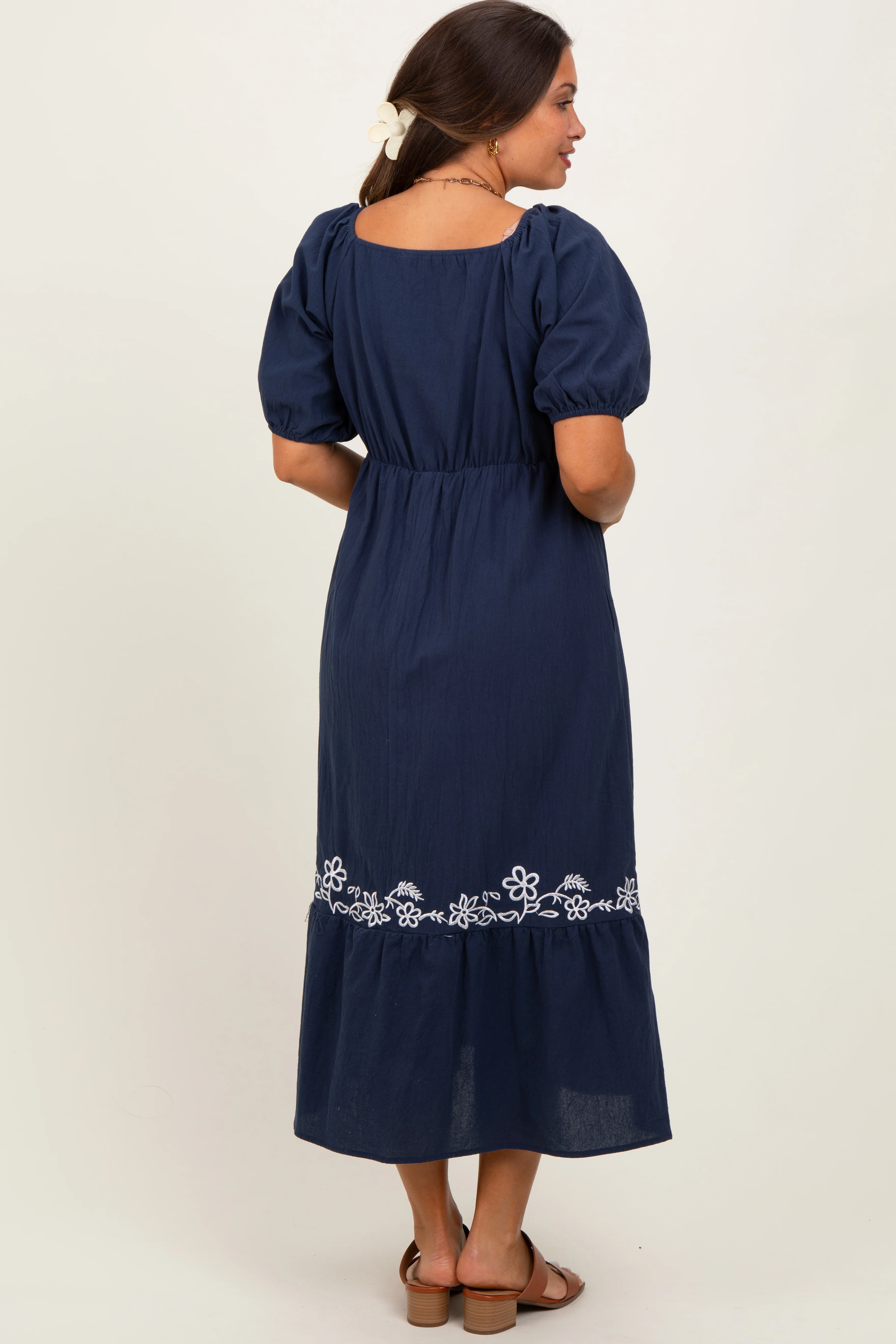 Navy Embroidered Floral Square Neck Maternity Maxi Dress - Image 3