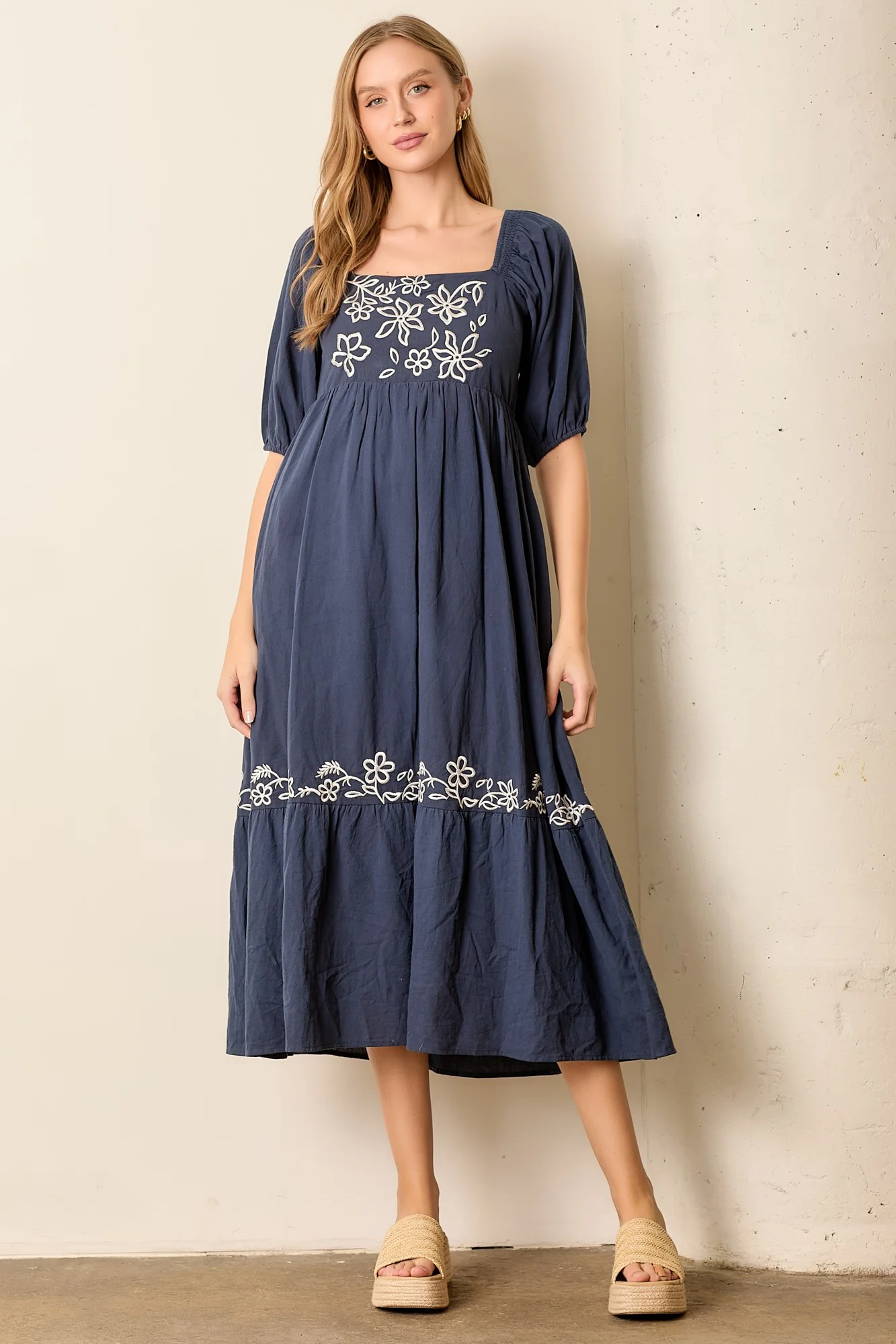 Navy Embroidered Floral Square Neck Maternity Maxi Dress - Image 4