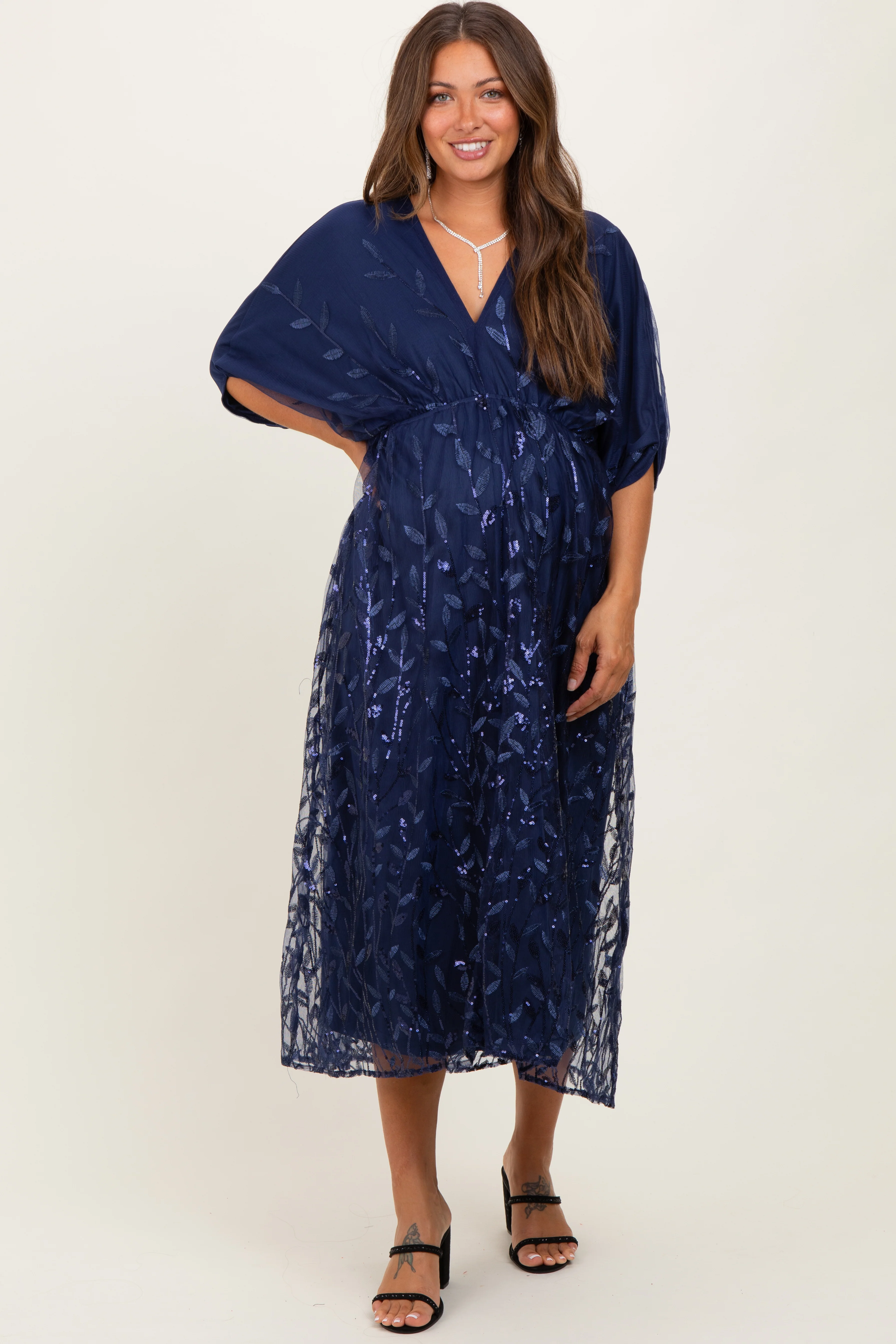 Navy Embroidered Tulle Dolman V-Neck Maternity Midi Dress - Image 2