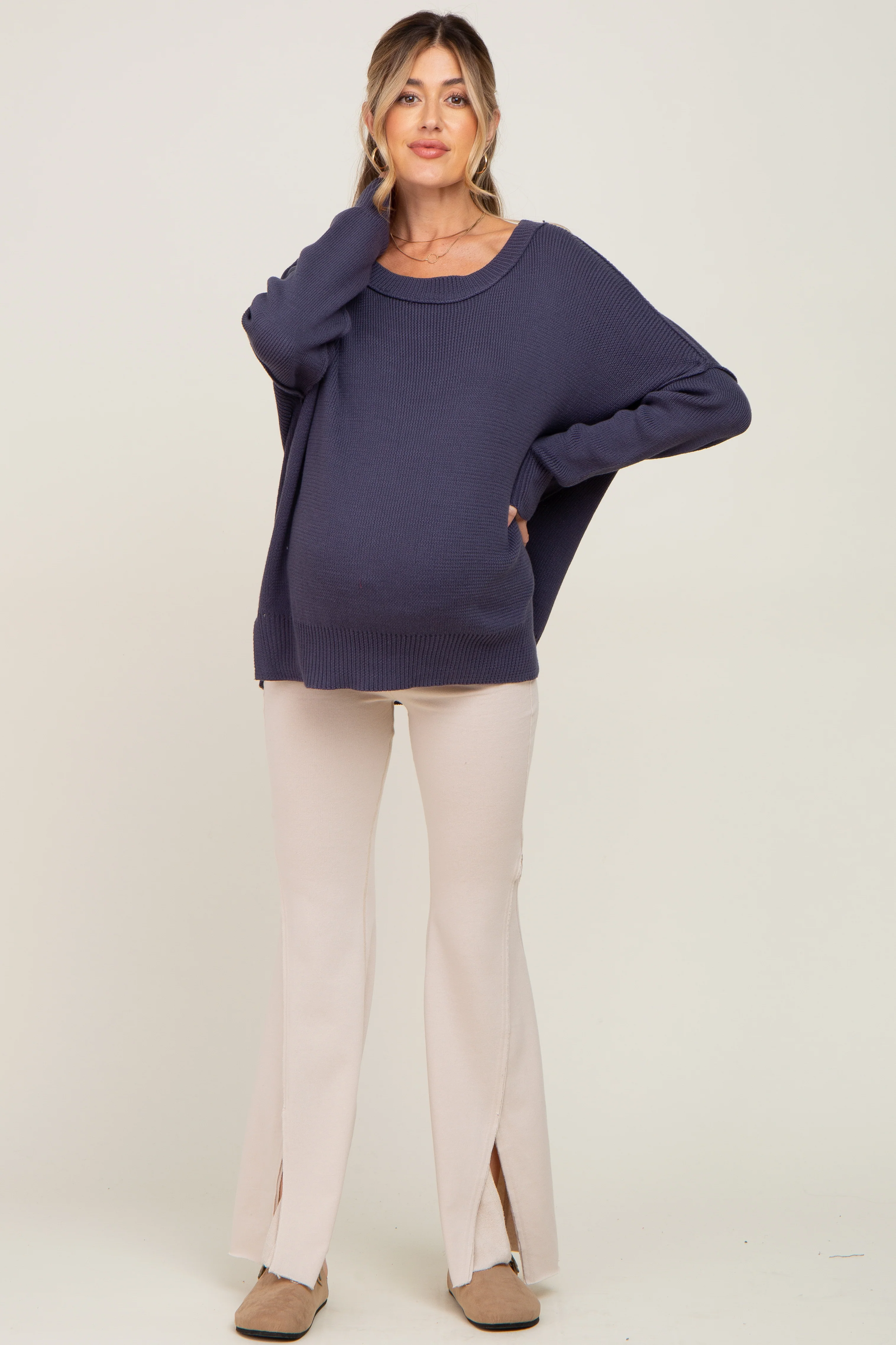 Navy Exposed Seam Side Slit Maternity Sweater - Image 4
