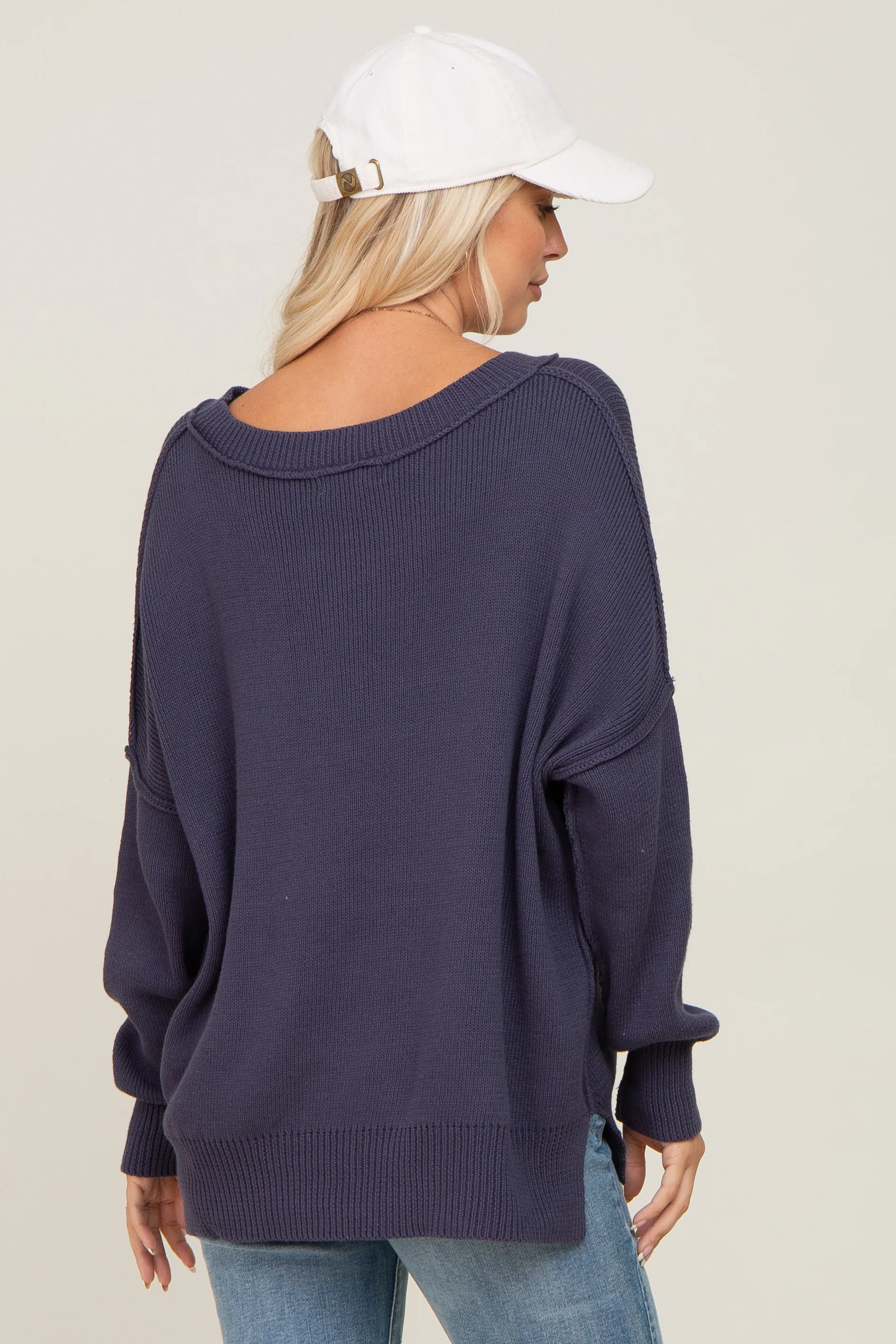 Navy Exposed Seam Side Slit Sweater - Image 3
