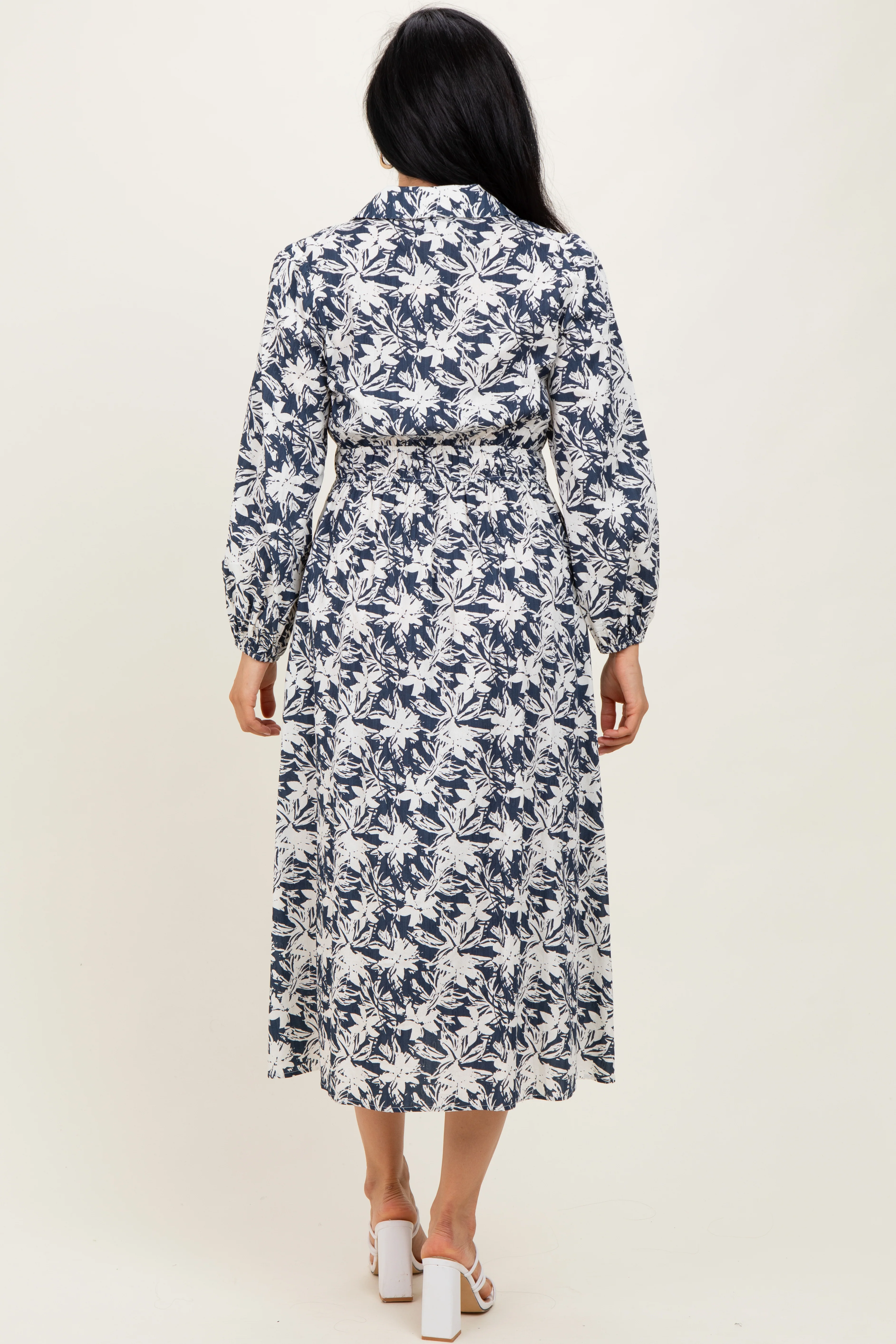 Navy Floral Button Down Long Sleeve Midi Dress - Image 4