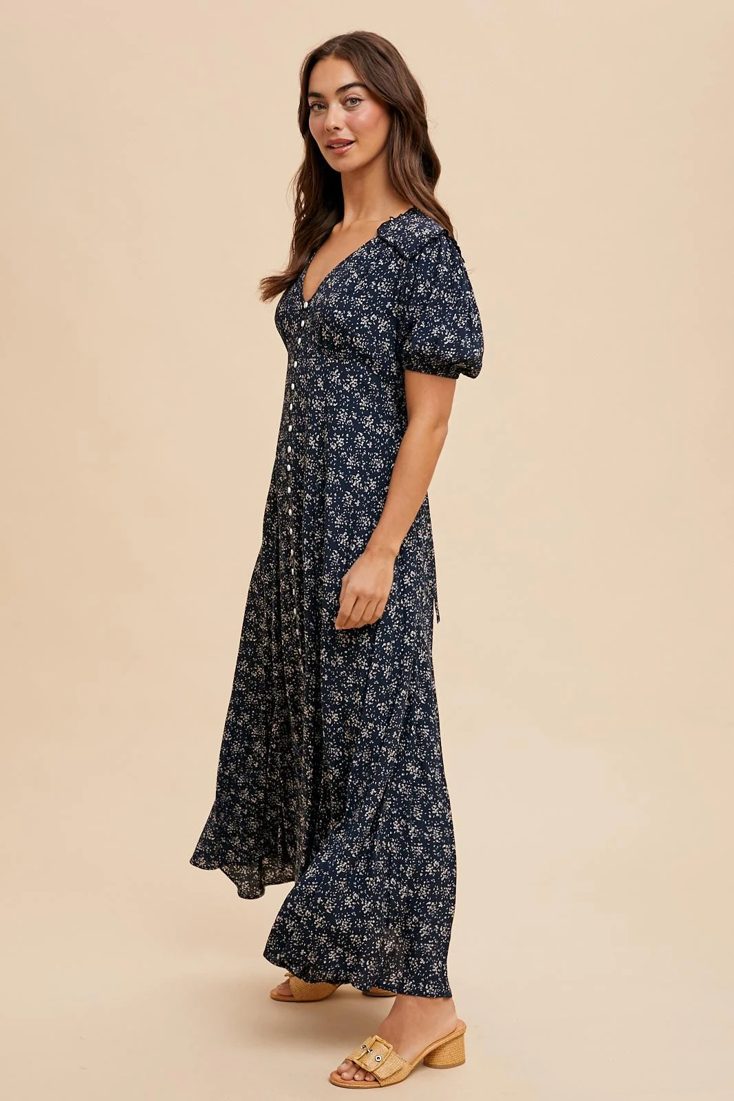 Navy Floral Button Down Maternity Dress - Image 3