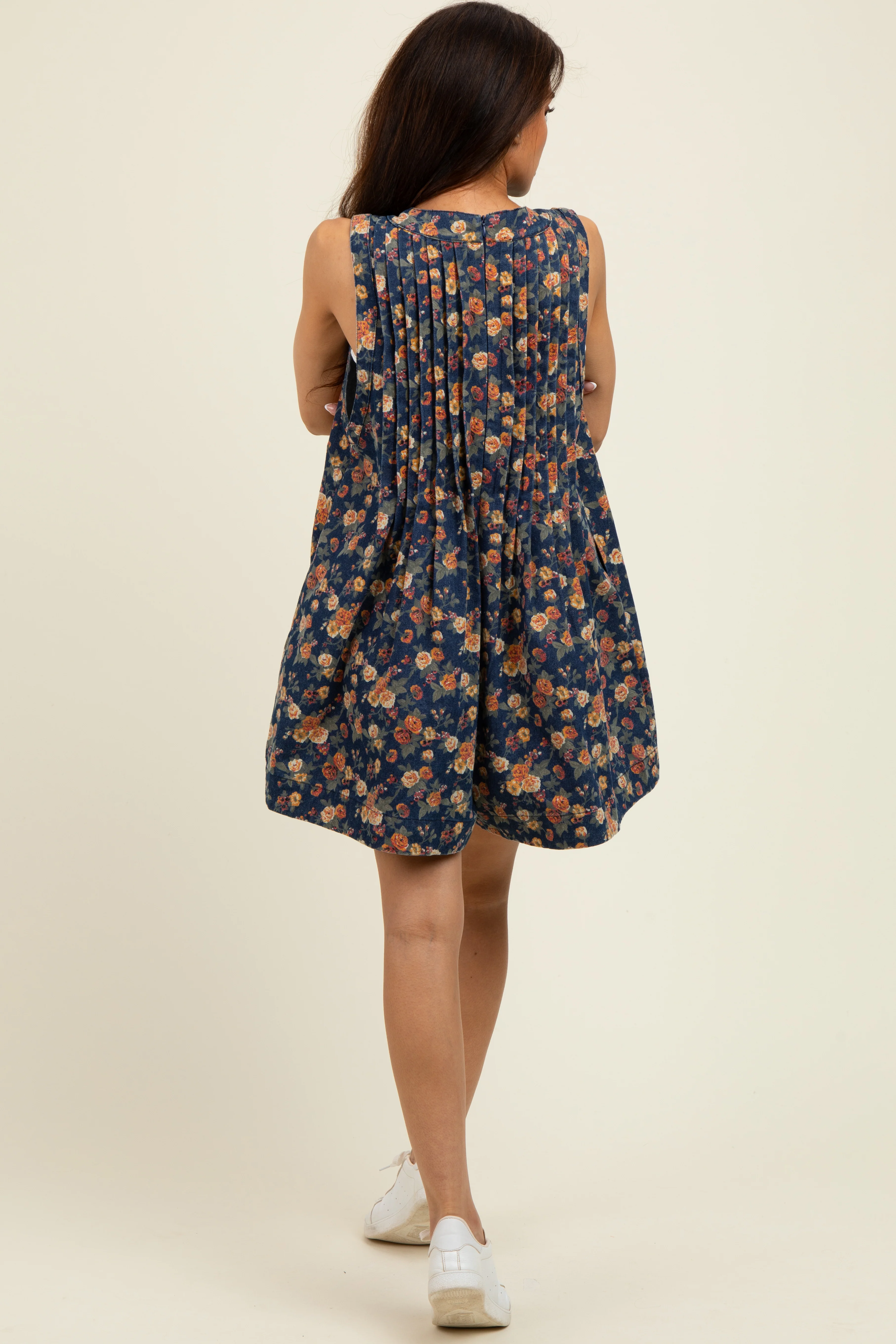 Navy Floral Denim Front Tie Romper - Image 3