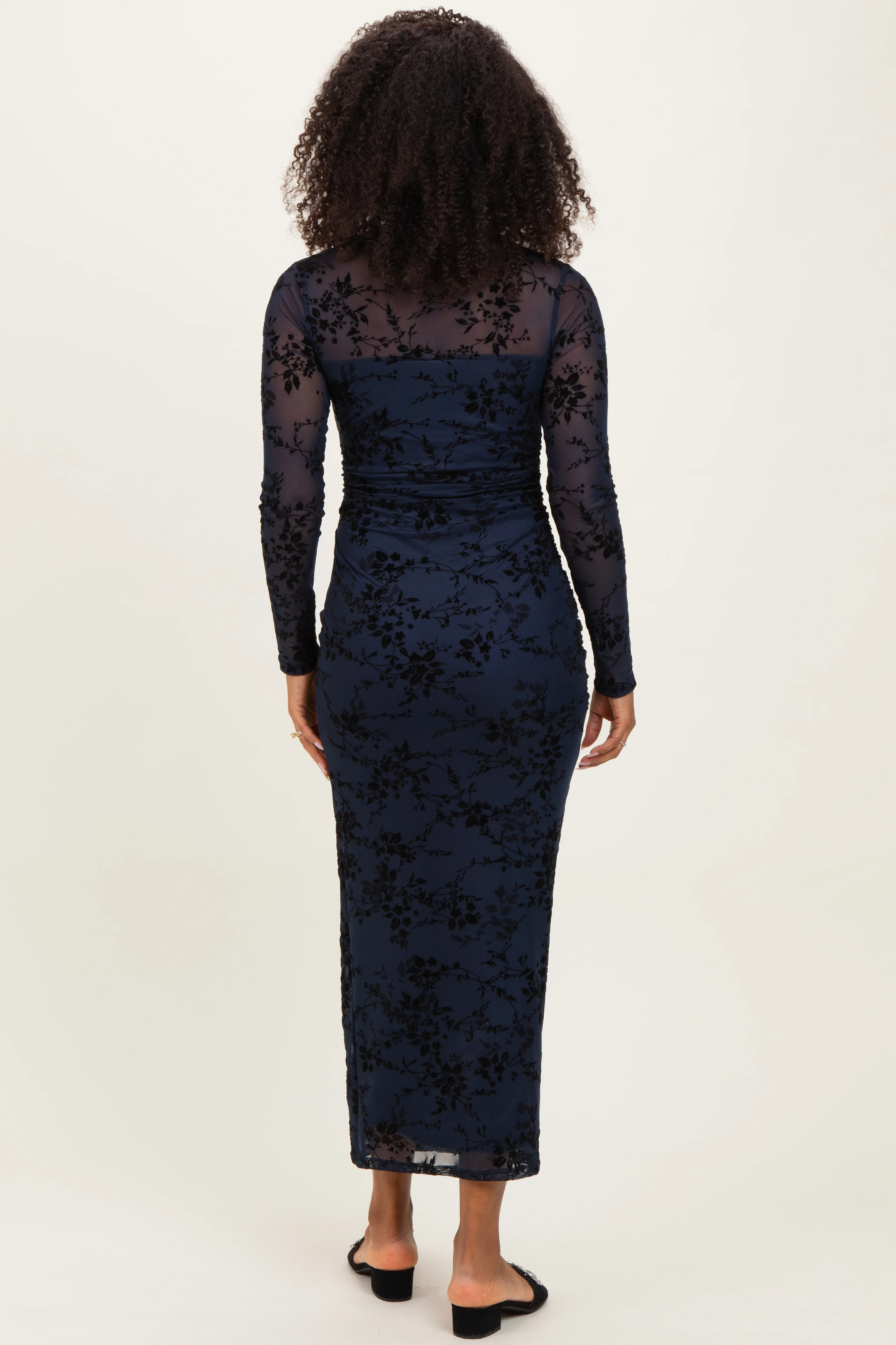Navy Floral Flocked Mesh Long Sleeve Midi Dress - Image 4