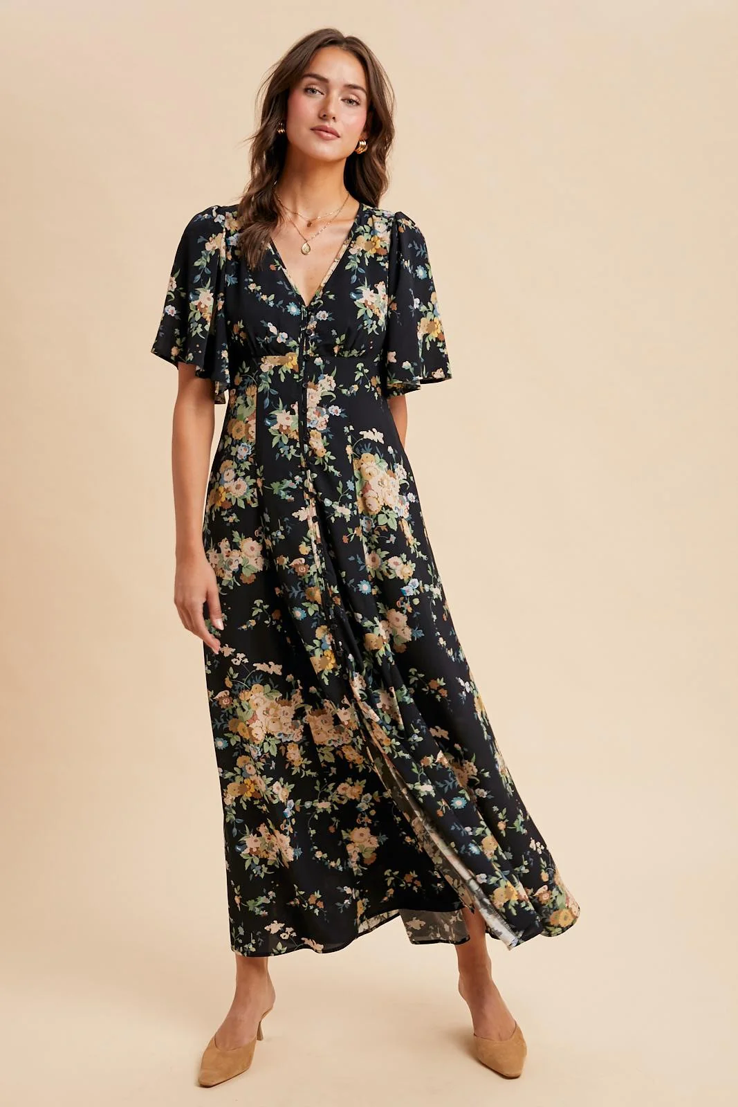 Navy Floral Flutter Button Down Maternity Maxi Dress - Image 4