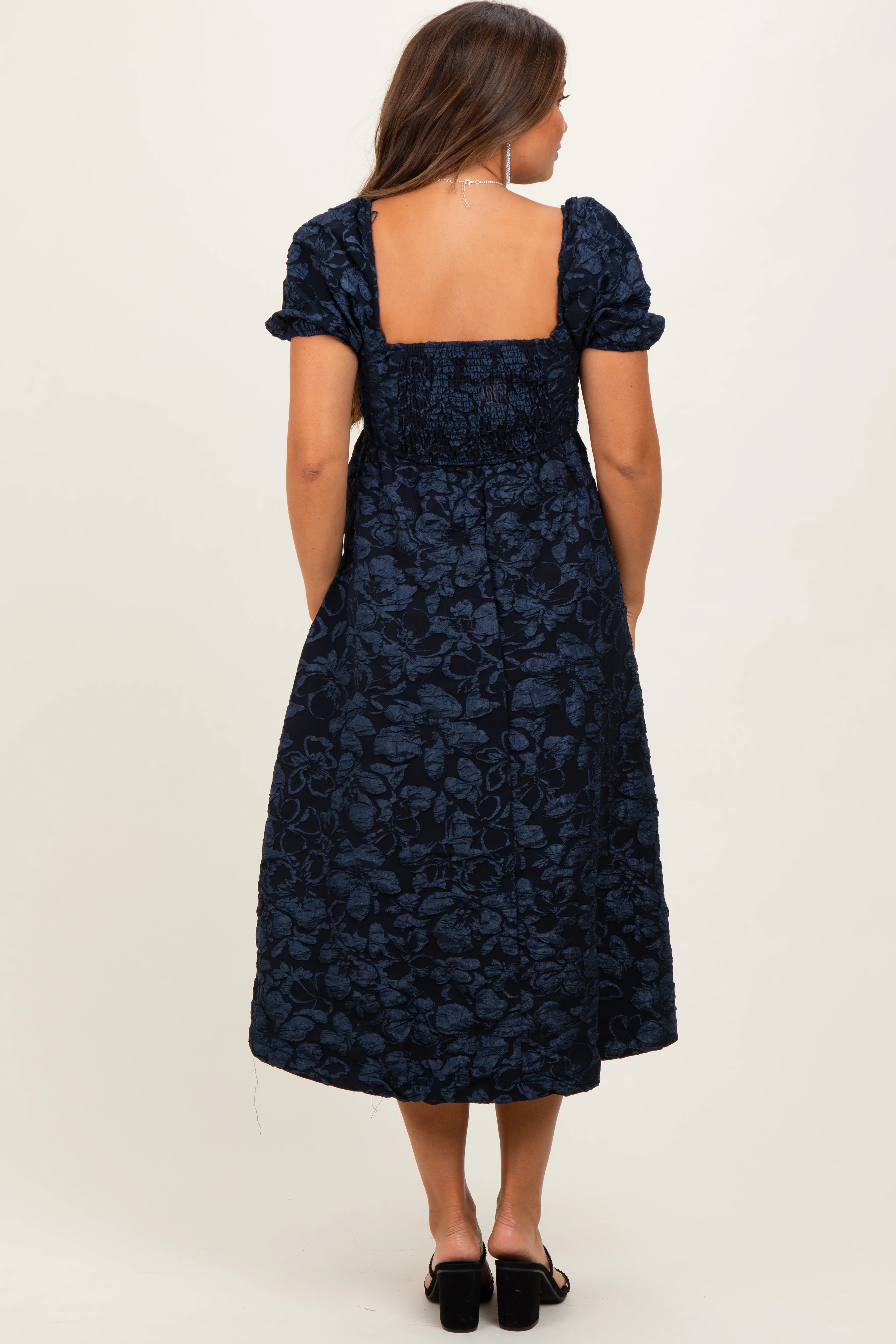 Navy Floral Jacquard Puff Sleeve Maternity Midi Dress - Image 3