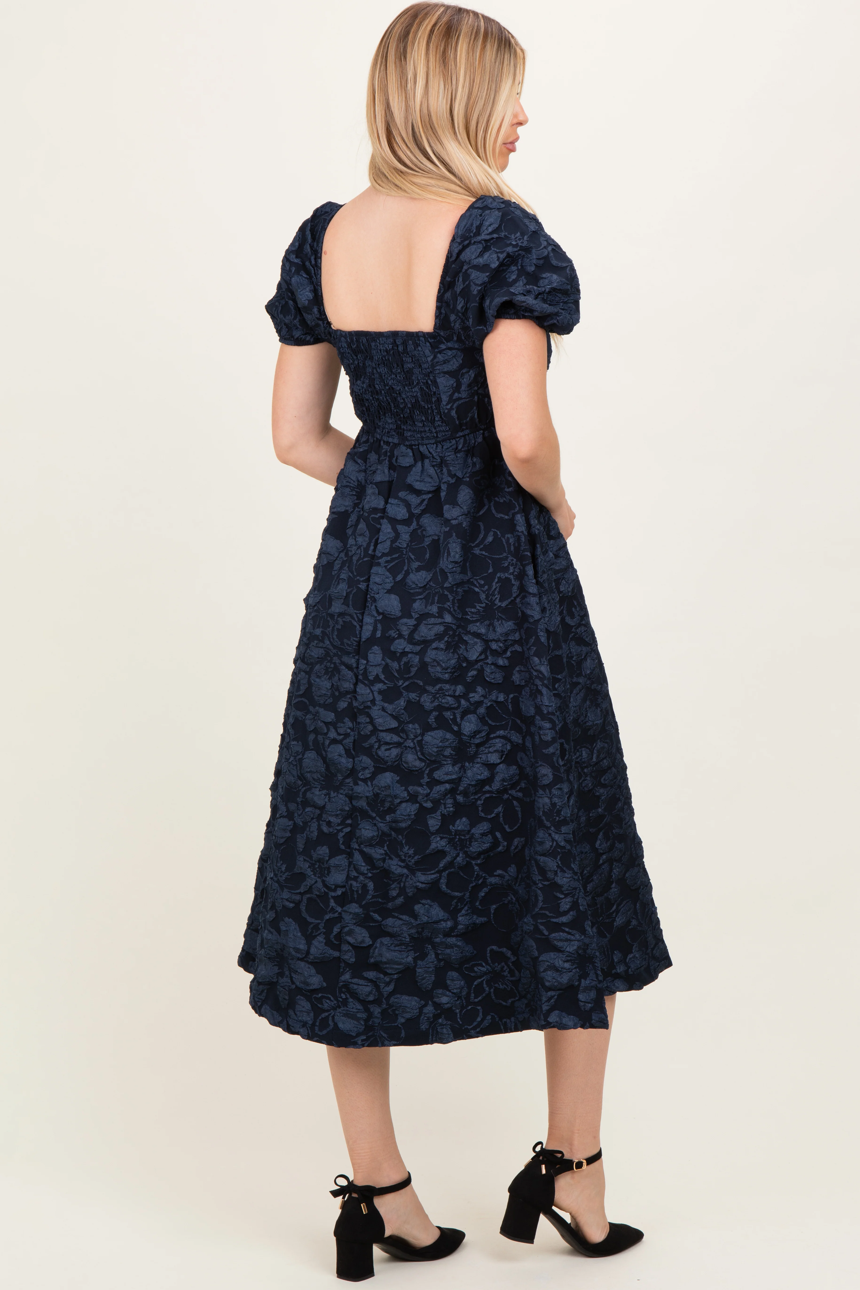 Navy Floral Jacquard Puff Sleeve Midi Dress - Image 3