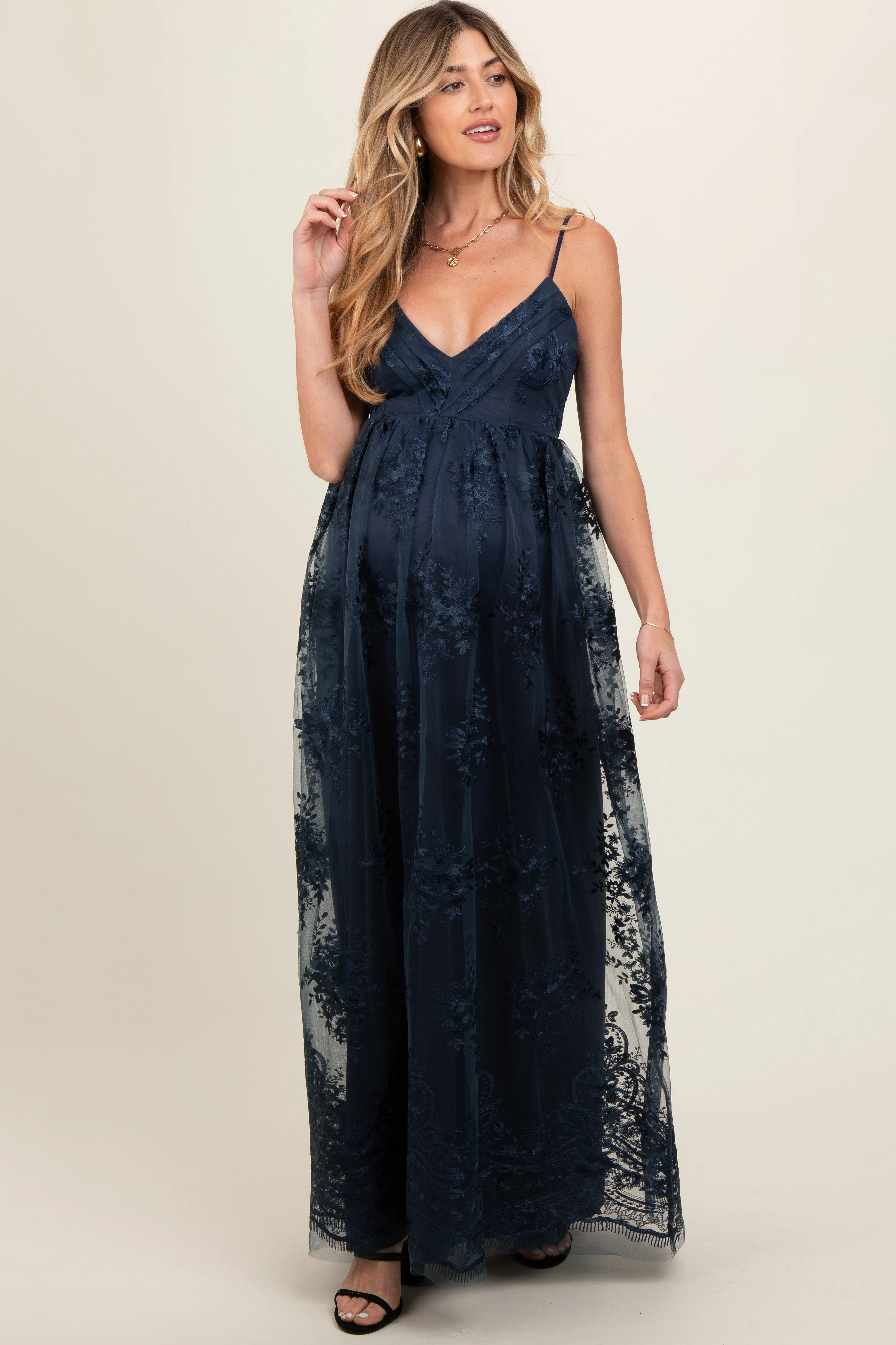 Navy Floral Lace Overlay Maternity Maxi Dress - Image 3