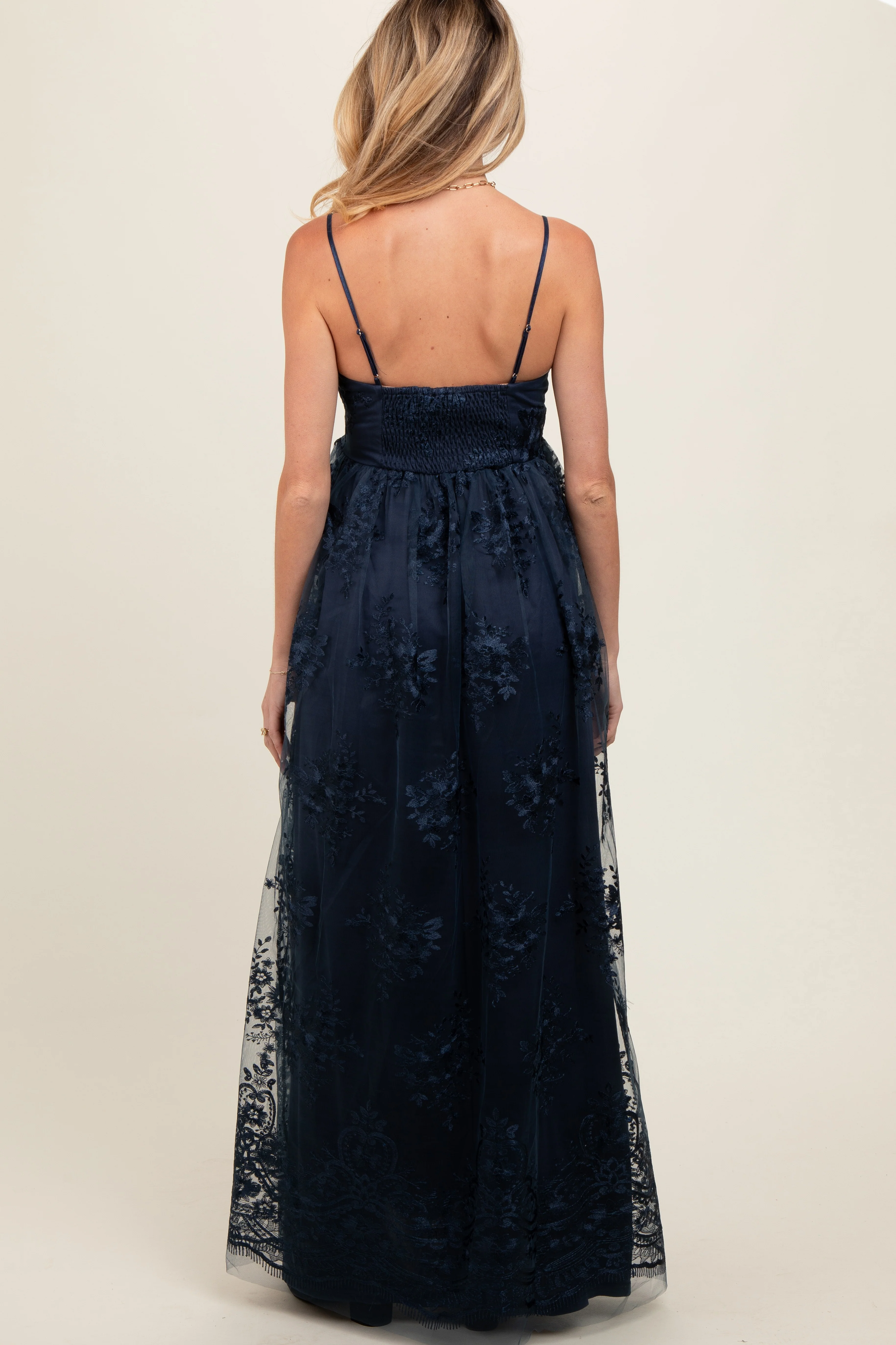 Navy Floral Lace Overlay Maternity Maxi Dress - Image 5