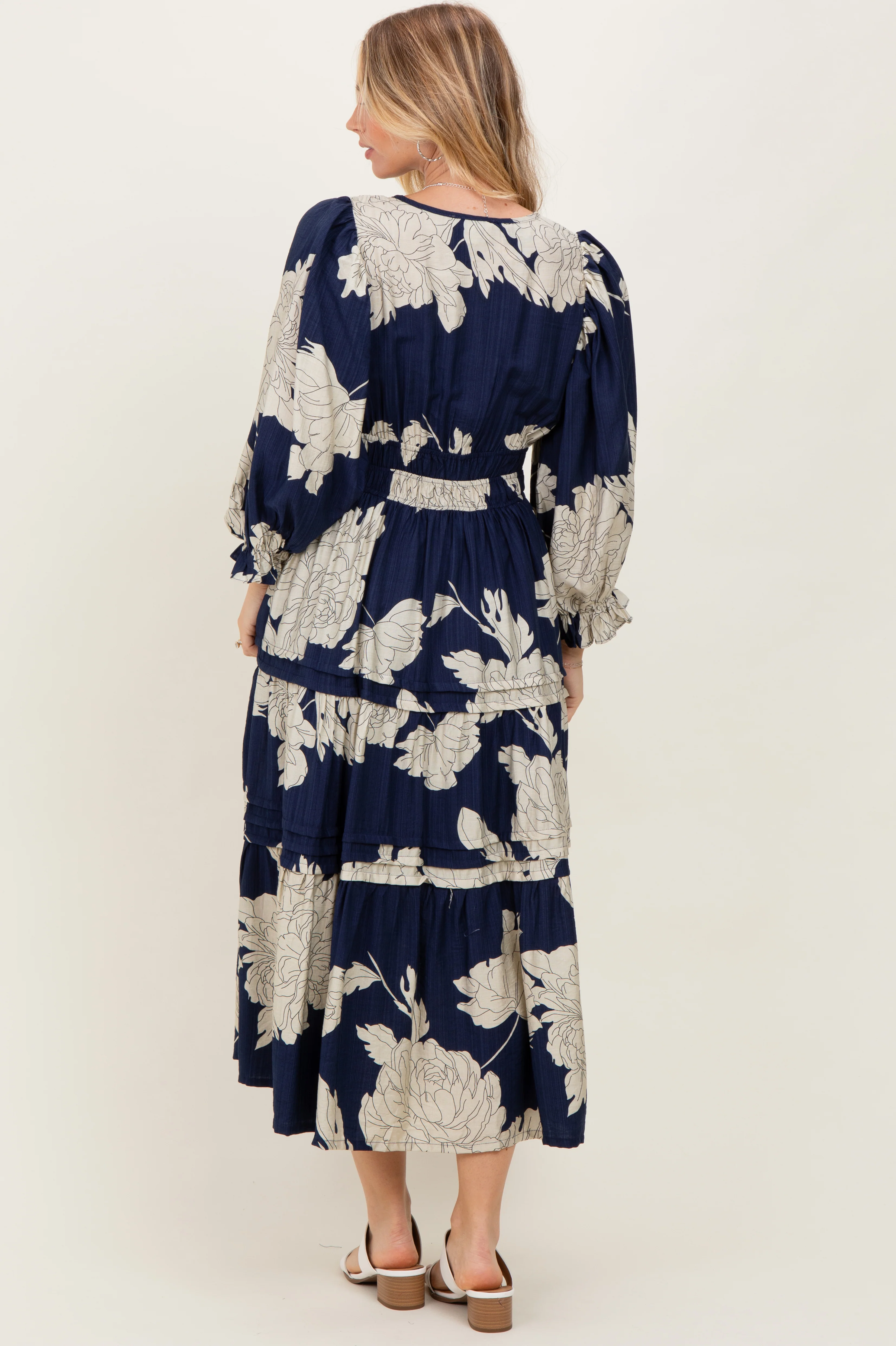 Navy Floral Long 3/4 Sleeve Tiered Midi Dress - Image 4
