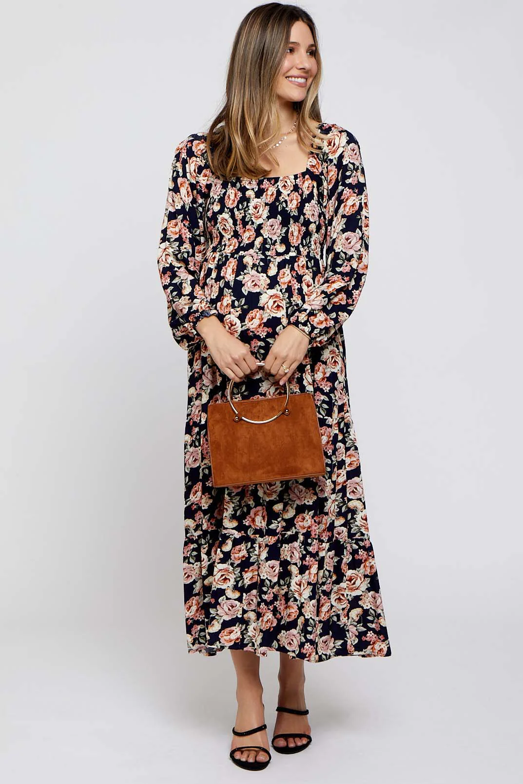 Navy Floral Long Sleeve Maternity Maxi Dress - Image 4