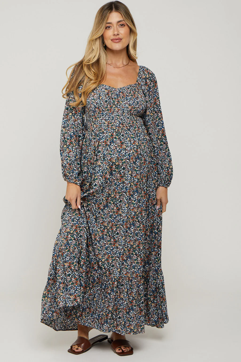 Navy Floral Long Sleeve Maternity Maxi Dress - Image 4
