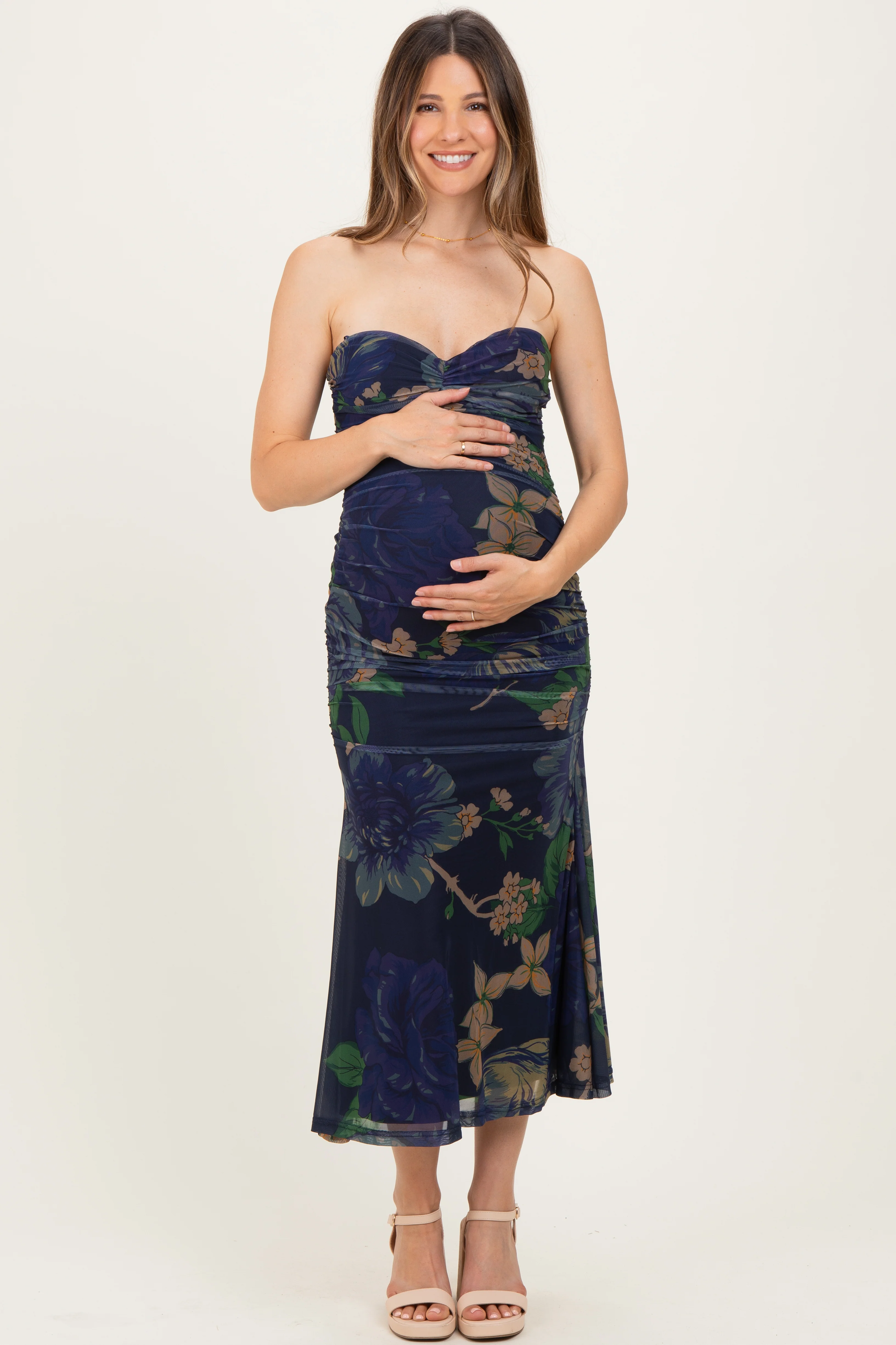 Navy Floral Mesh Ruched Maternity Midi Dress - Image 2