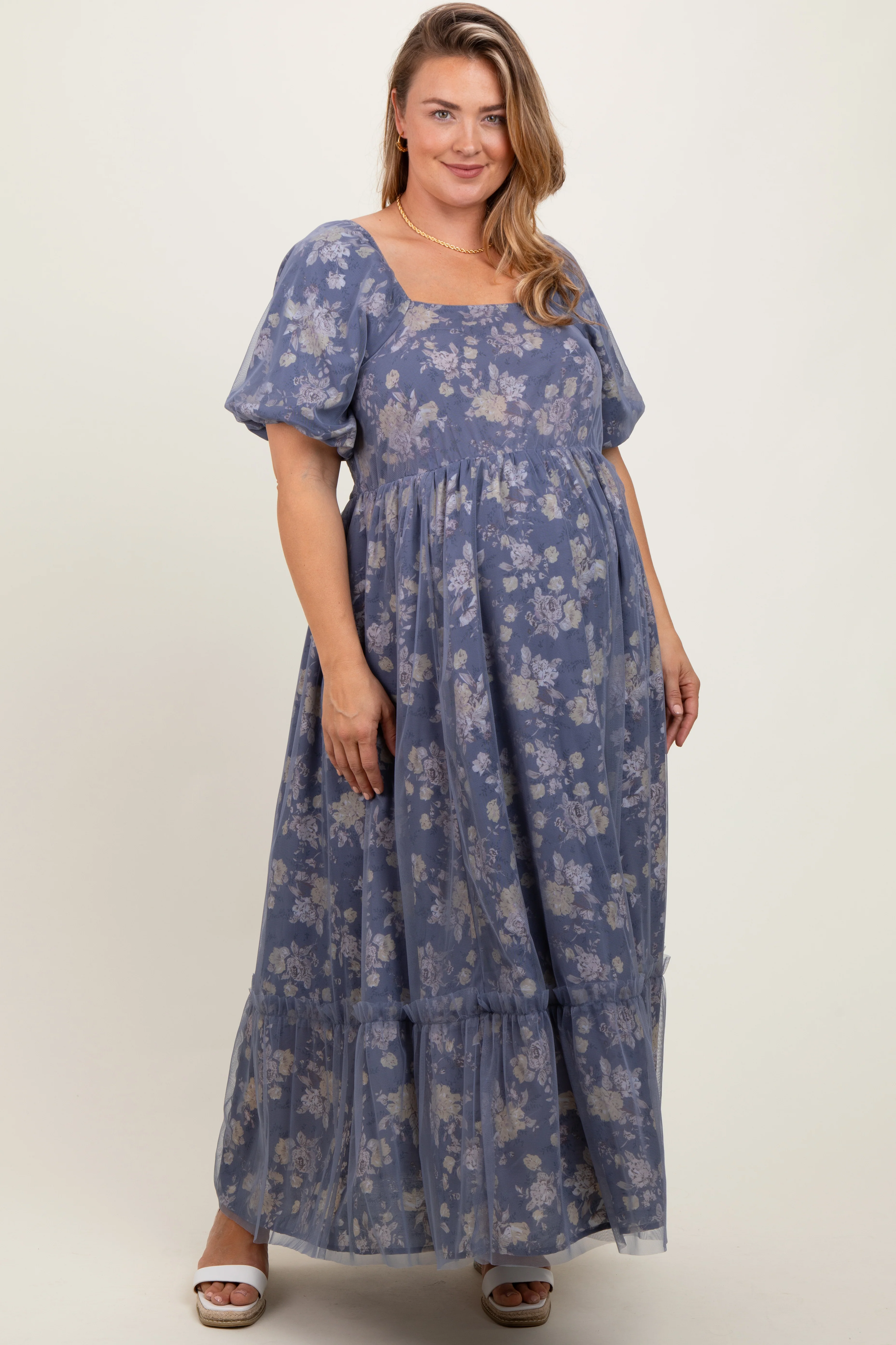 Navy Floral Mesh Square Neck Short Puff Sleeve Maternity Plus Midi Dress - Image 2