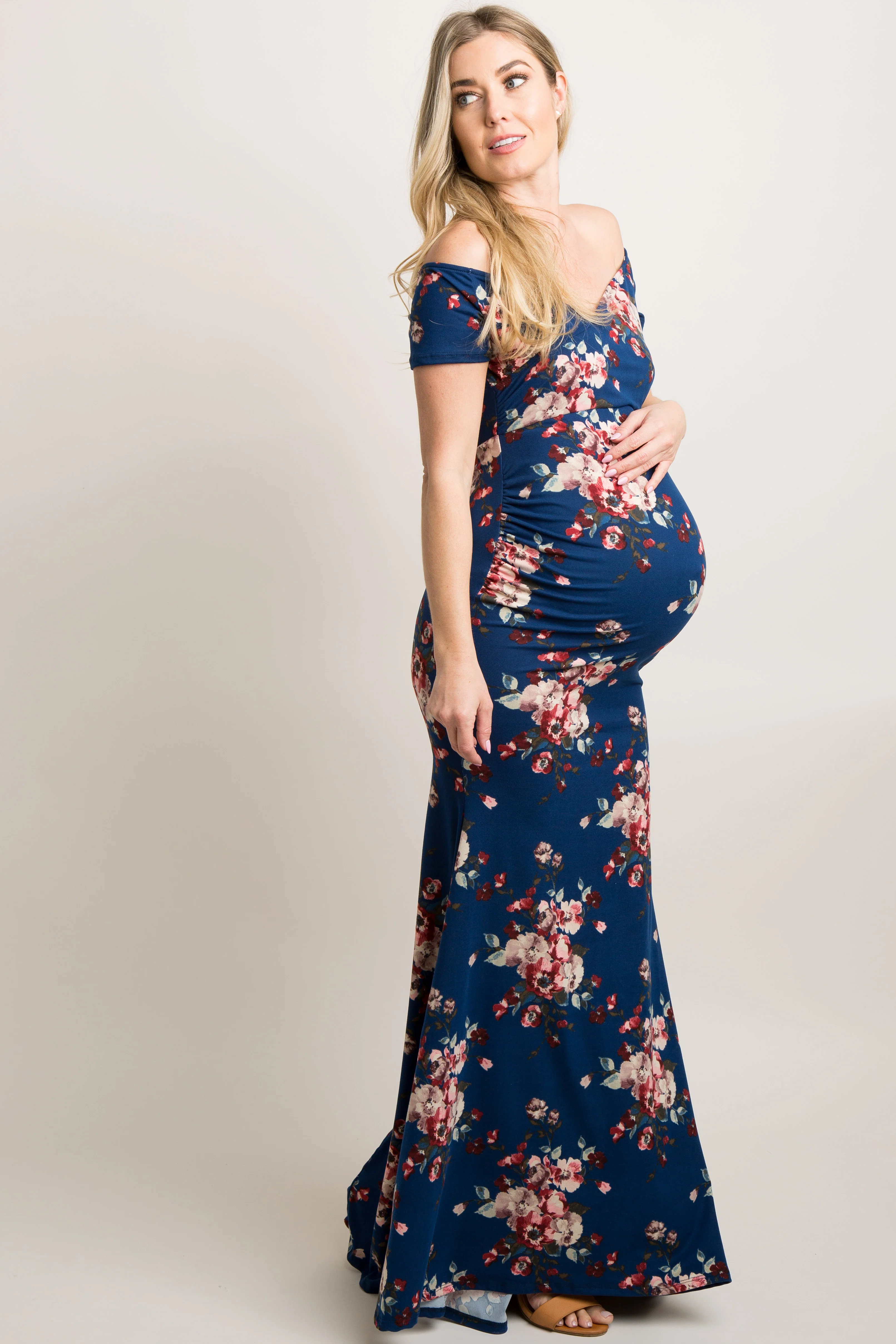 Navy Floral Off Shoulder Wrap Maternity Photoshoot Gown/Dress - Image 3