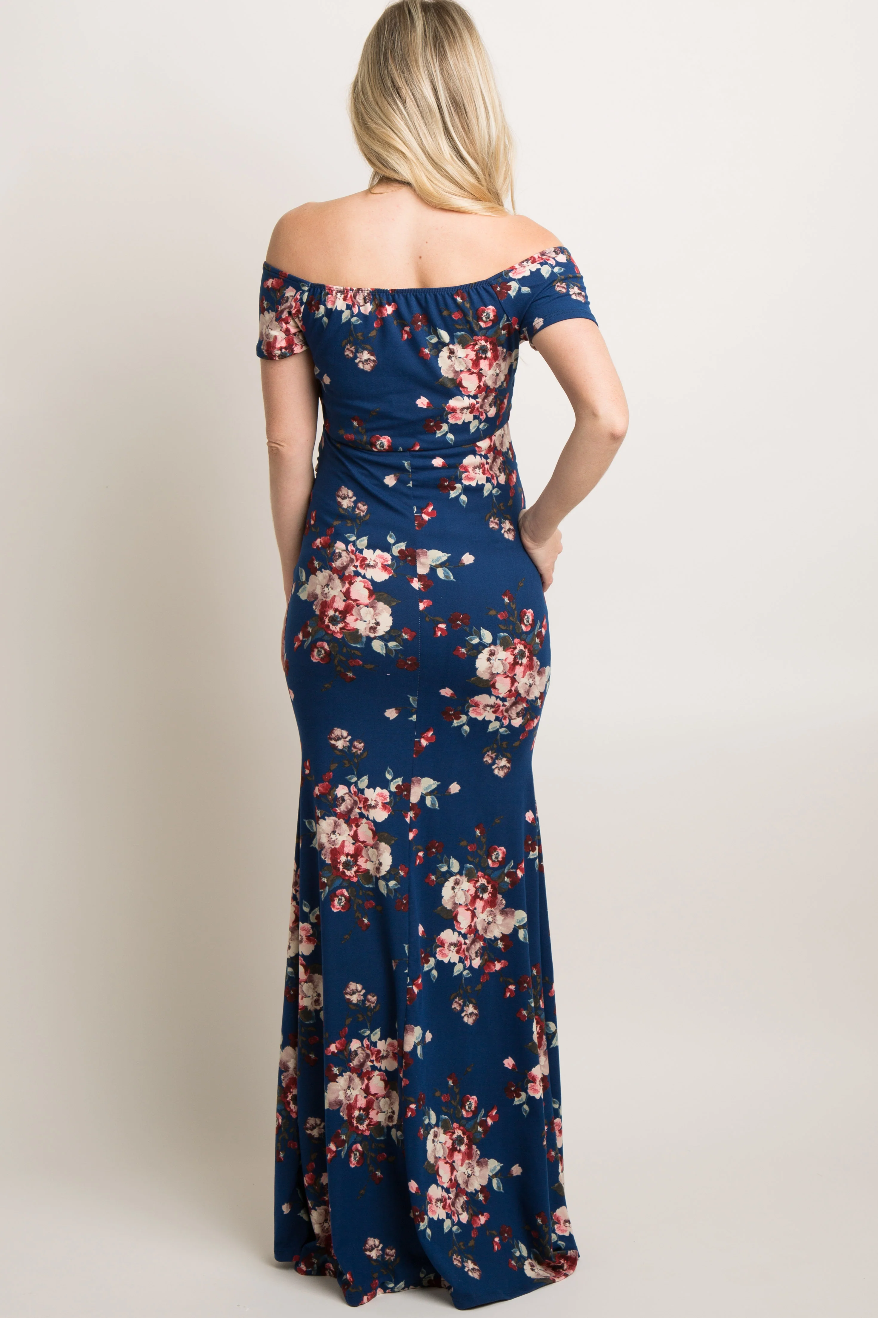 Navy Floral Off Shoulder Wrap Maternity Photoshoot Gown/Dress - Image 4