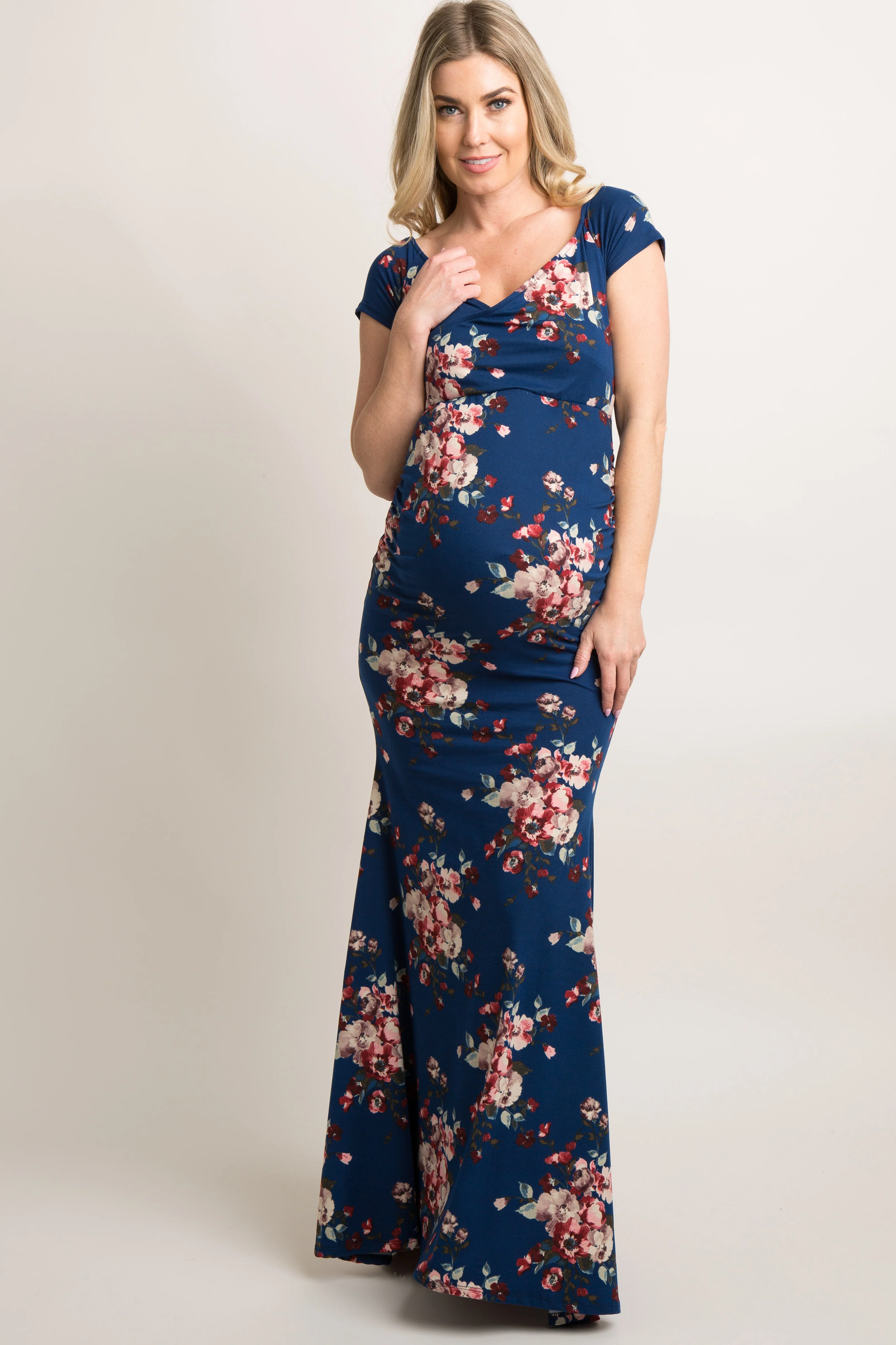Navy Floral Off Shoulder Wrap Maternity Photoshoot Gown/Dress - Image 5