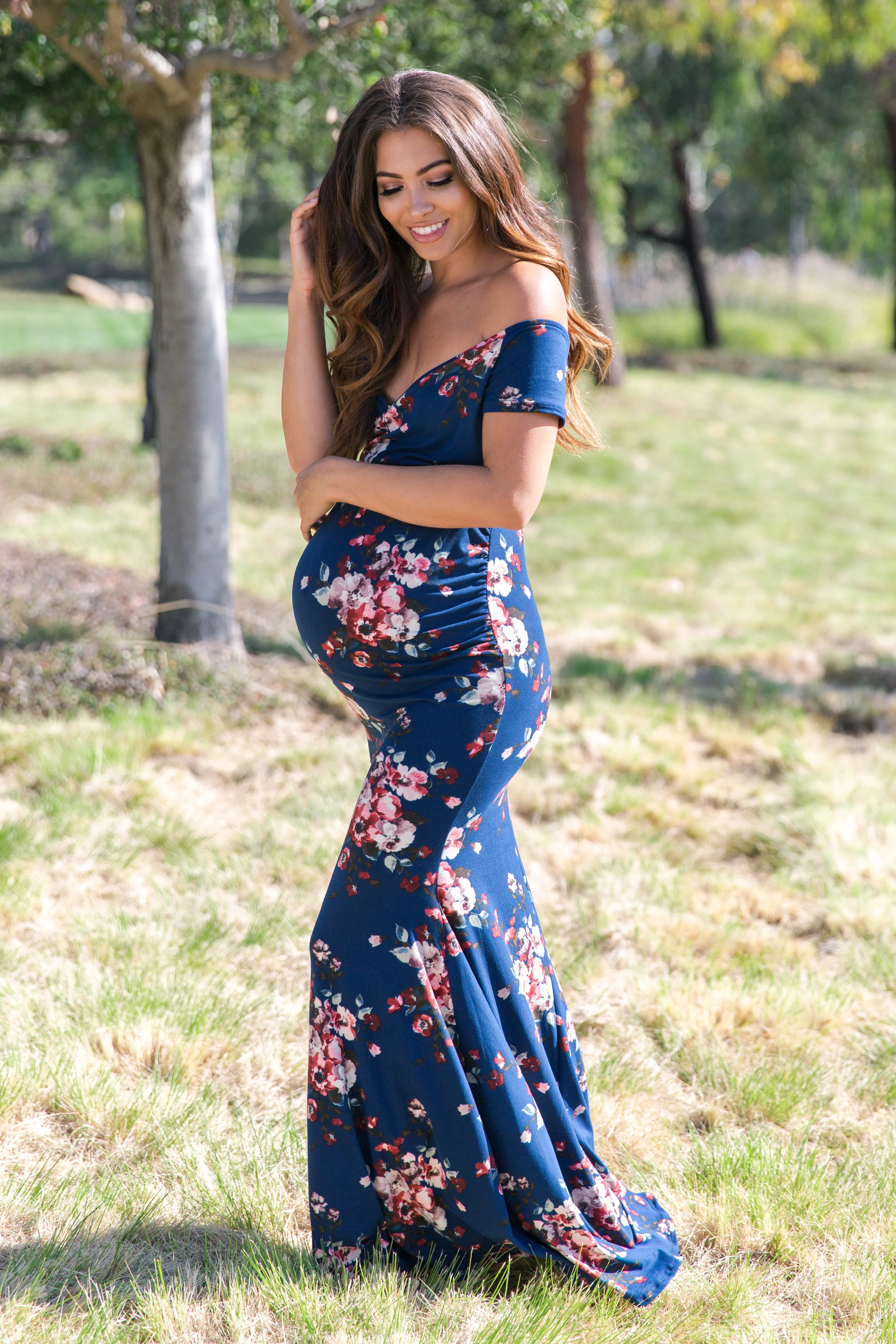 Navy Floral Off Shoulder Wrap Maternity Photoshoot Gown/Dress - Image 6