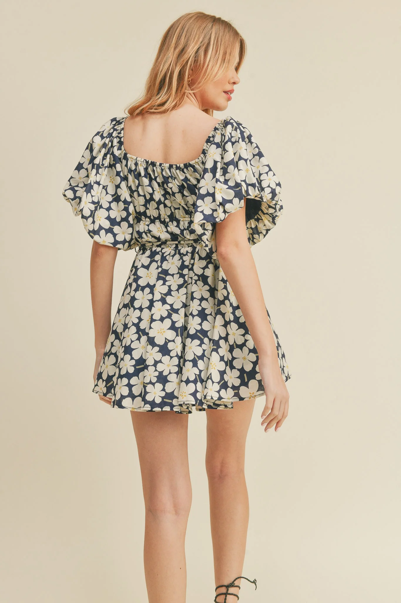 Navy Floral Print Bubble Sleeve Flared Mini Dress - Image 3