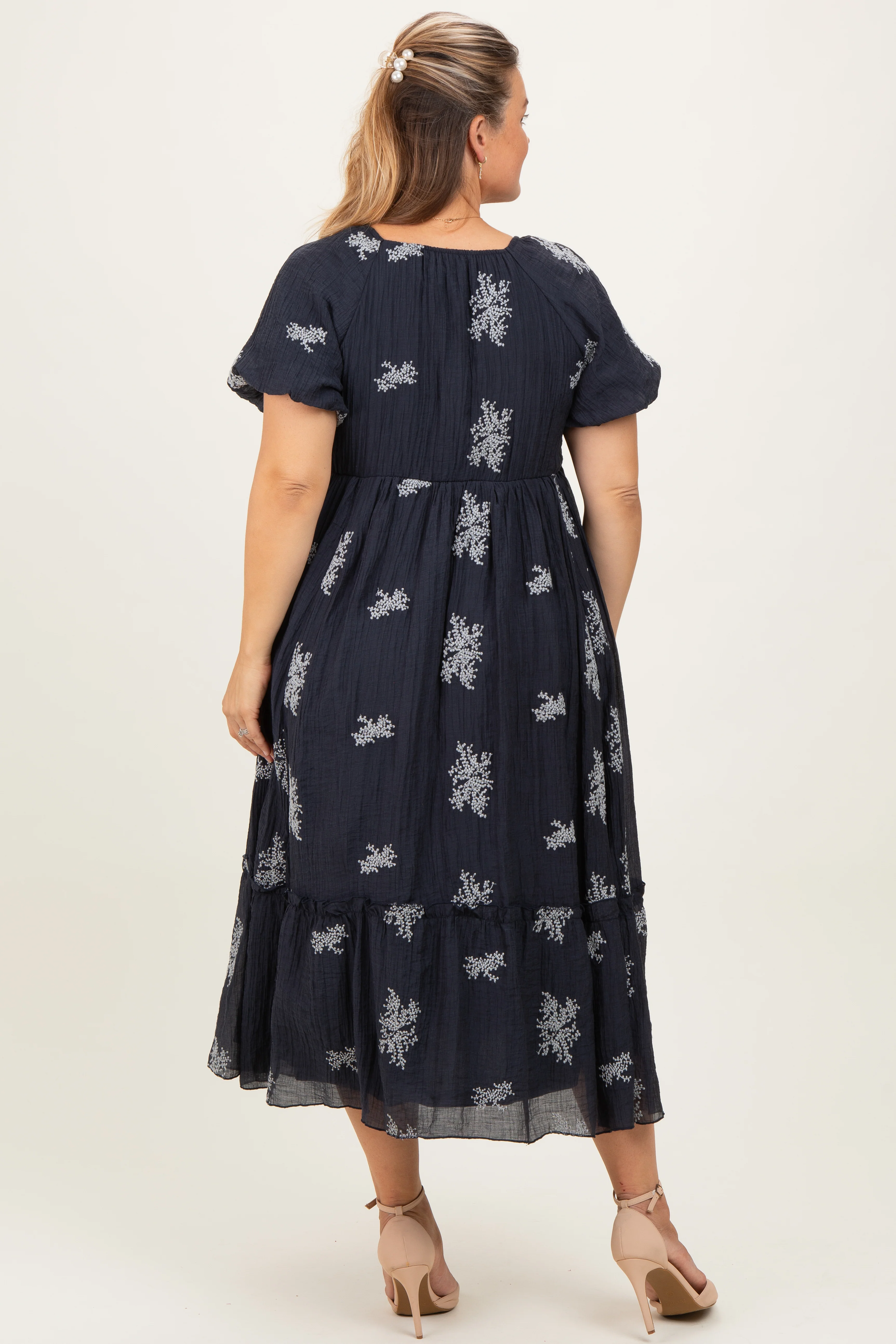 Navy Floral Print Ruffle Hem Maternity Plus Midi Dress - Image 3