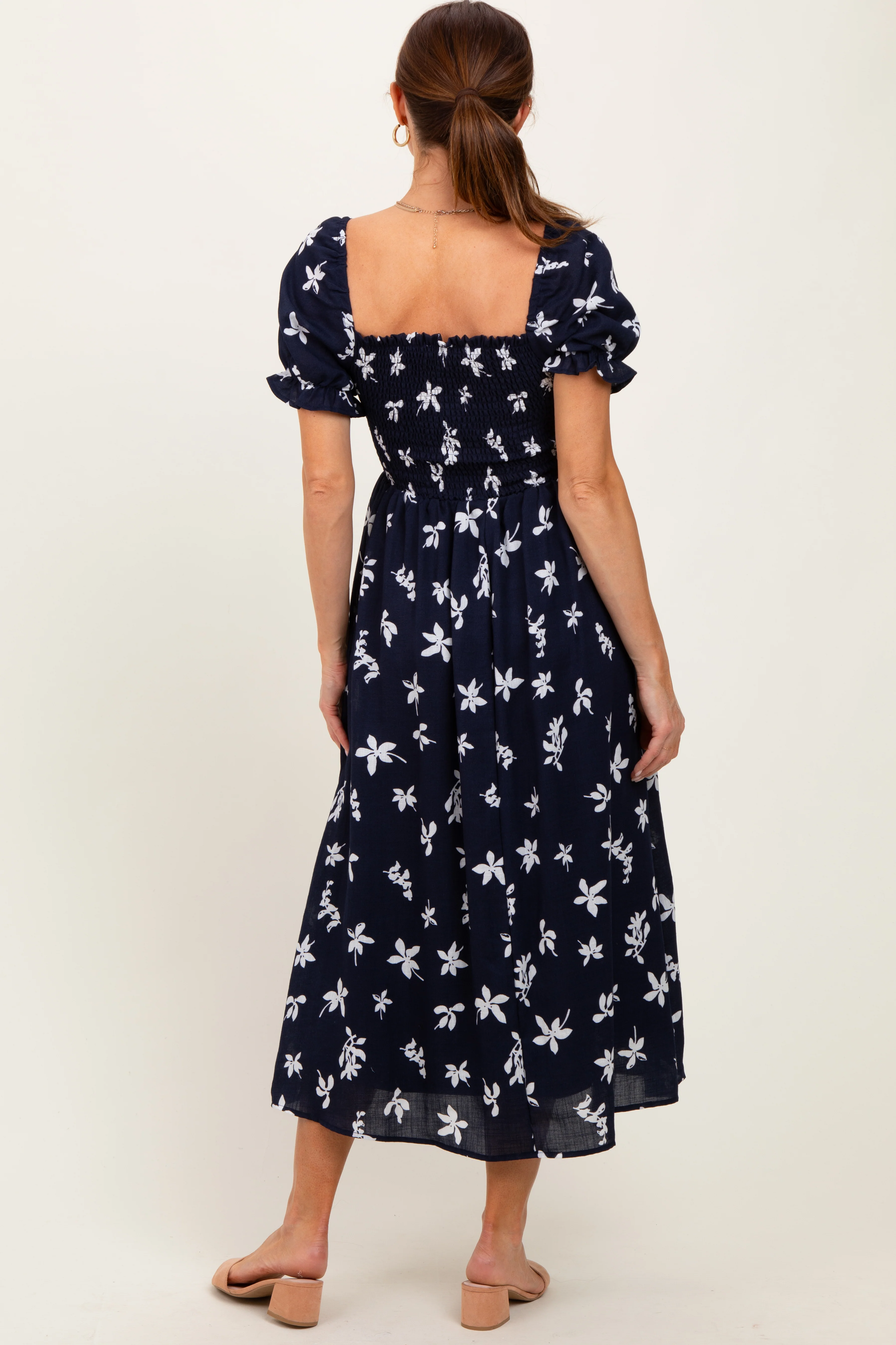 Navy Floral Puff Sleeve Midi Dress - Image 4