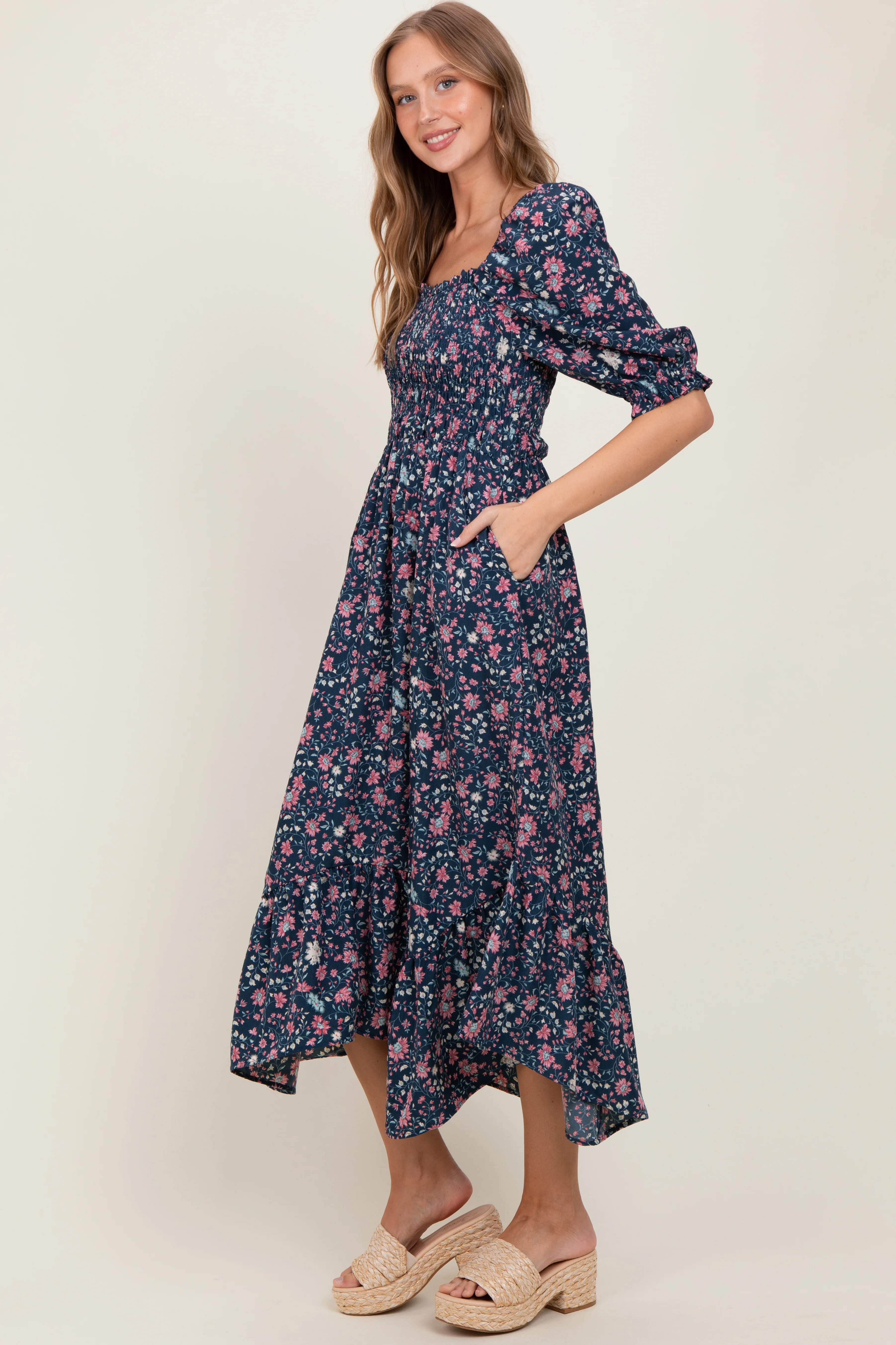 Navy Floral Smocked Handkerchief Hem Maxi Dress - Image 3