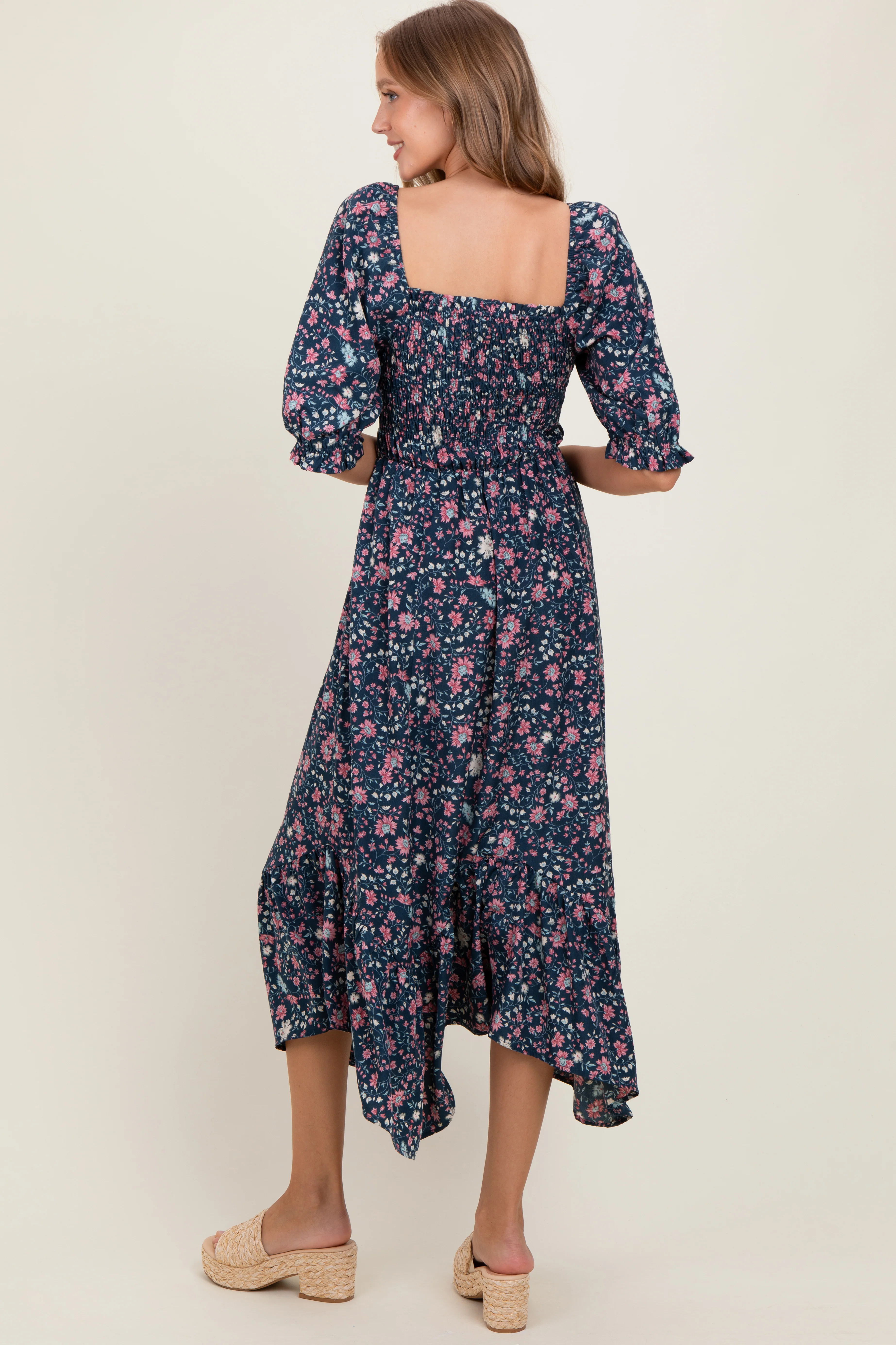 Navy Floral Smocked Handkerchief Hem Maxi Dress - Image 4