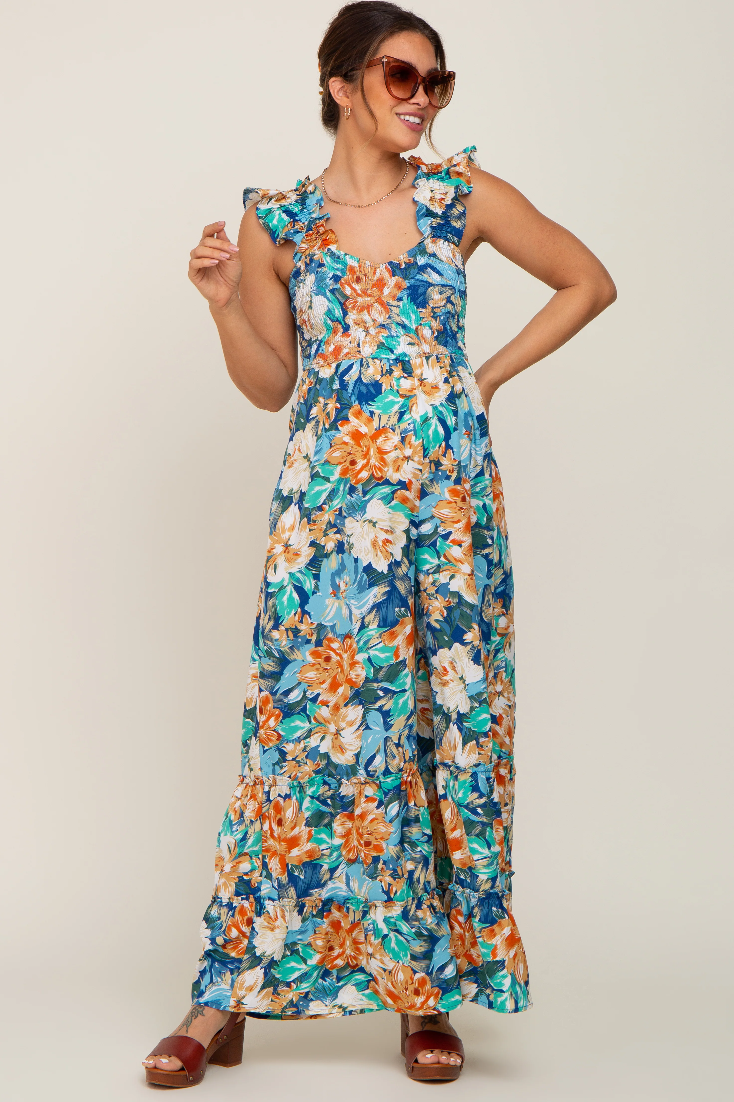 Navy Floral Smocked Ruffle Accent Maternity Jumpsuit - Image 5