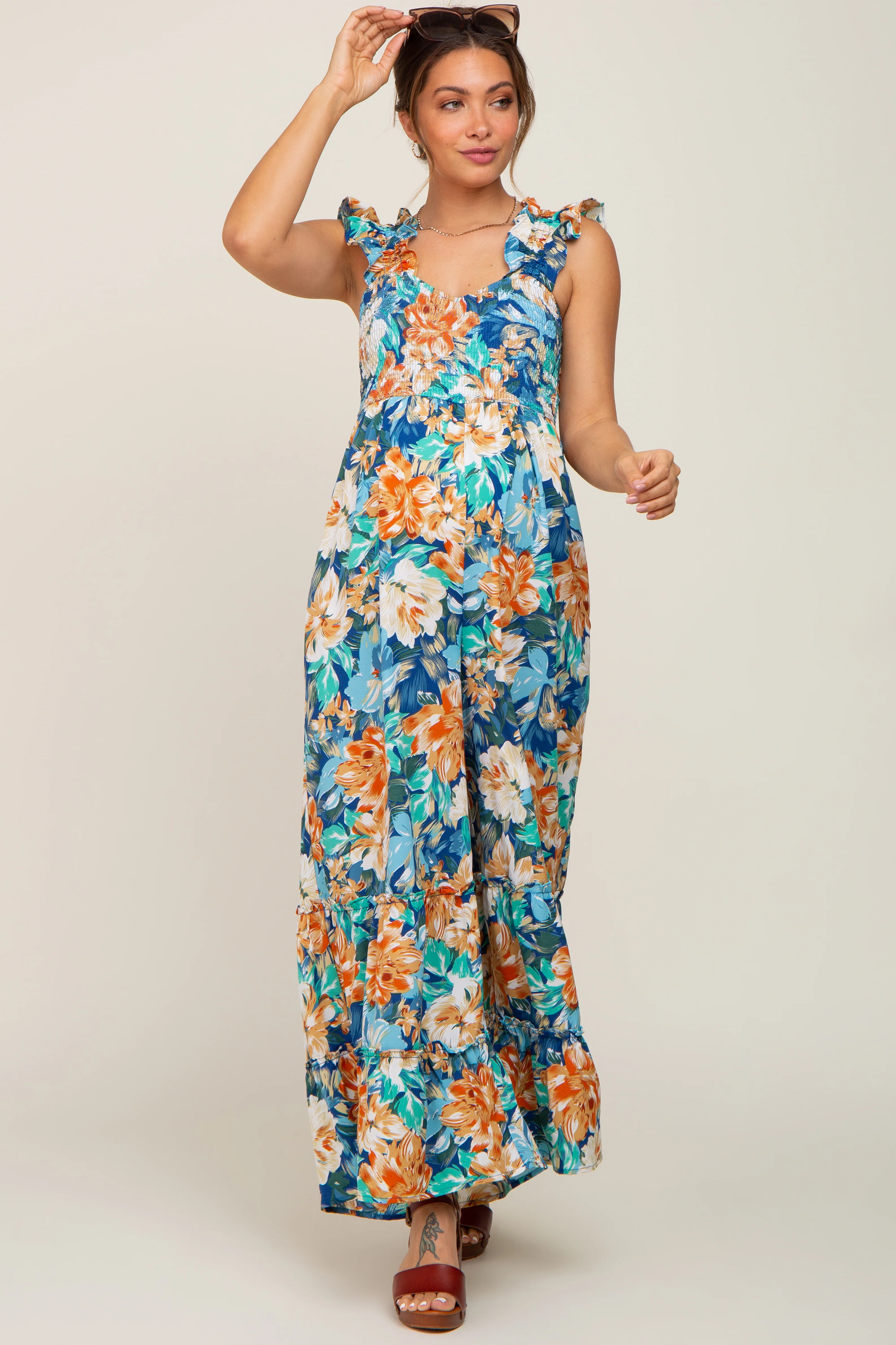 Navy Floral Smocked Ruffle Accent Maternity Jumpsuit - Image 6