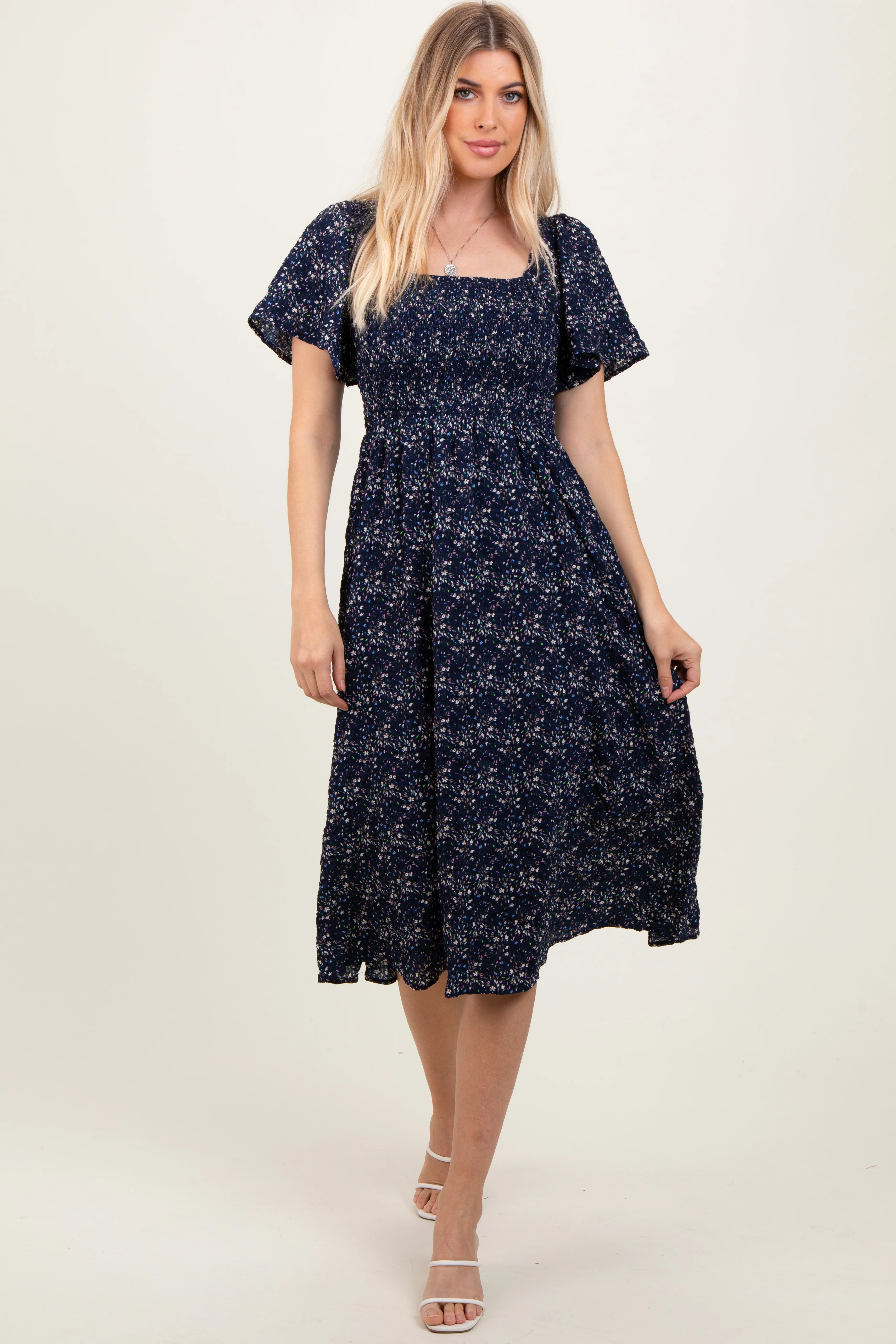 Navy Floral Square Neck Smocked Maternity Midi Dress - Image 5