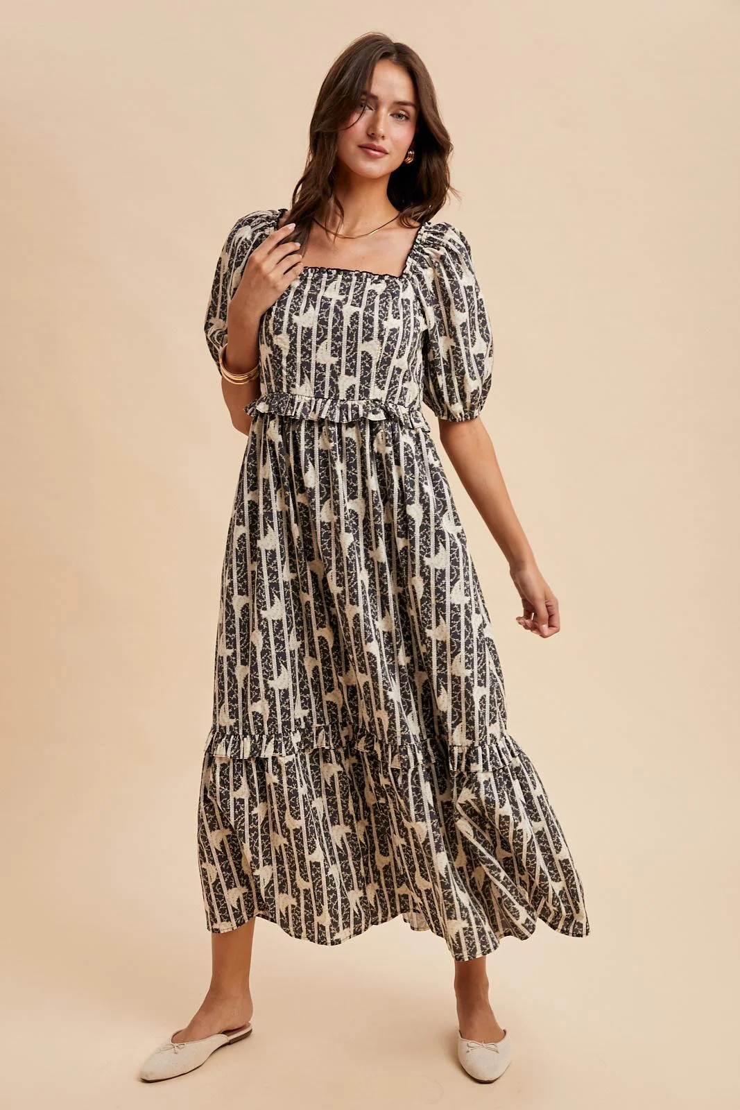 Navy Floral Stripe Ruffle Accent Midi Dress - Image 3