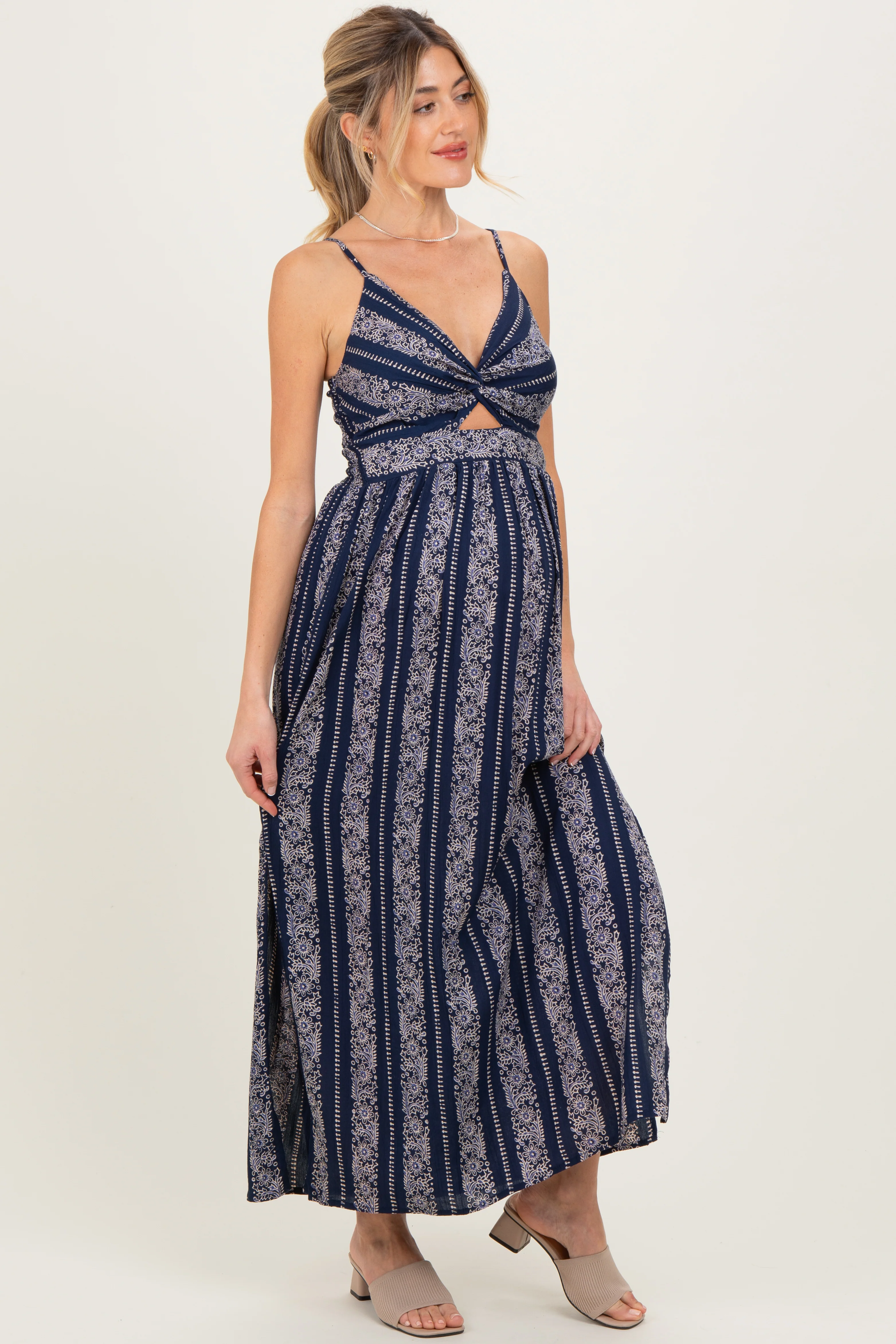 Navy Floral Stripe Twisted Front Maternity Maxi Dress - Image 3